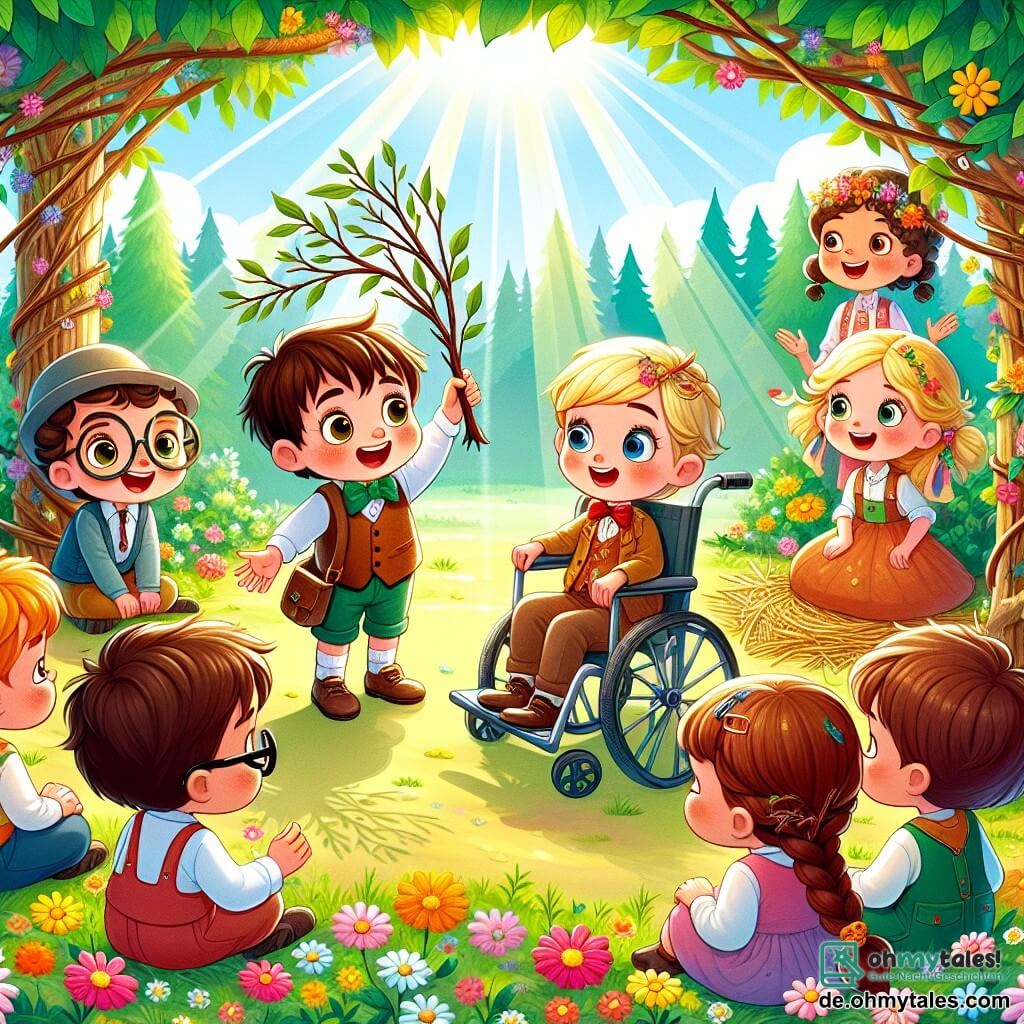 Illustration eines fröhlichen Kindergruppen in einer sonnigen Lichtung im Herzen eines grünen Waldes. Die majestätischen Bäume mit leuchtend grünen Blättern bilden ein natürliches Dach, während Sonnenstrahlen durch die Äste dringen und den mit bunten Blumen und Blättern bedeckten Boden erhellen. Im Mittelpunkt der Szene hält ein sechsjähriger Junge mit zerzausten braunen Haaren und strahlendem Lächeln einen Ast in die Höhe, als würde er seinen Freunden etwas Aufregendes zeigen. Neben ihm hört ein sechsjähriges Mädchen mit langen blonden Haaren und bunten Haarnadeln aufmerksam zu, ihre Augen funkeln vor Begeisterung. Ein weiterer sechsjähriger Junge im Rollstuhl lächelt breit, seine Augen leuchten vor Freude, während er bewundernd zu den anderen schaut. Schließlich kniet ein sechsjähriges Mädchen mit Zöpfen und Brille neben ihnen und hält bunte Stoffstücke, um ihre Konstruktion zu dekorieren. Die Hauptsituation zeigt die Kinder, die gemeinsam eine kleine geheime Hütte aus Ästen und Blättern bauen, während sie Lachen und Ideen austauschen. Die Atmosphäre ist voller Kameradschaft und Aufregung, doch ein leichter Hauch von Besorgnis ist im Gesicht des Jungen mit den braunen Haaren zu erkennen, der zögert, seinen Eltern die Wahrheit über seine Verspätung zu sagen. Grafische Elemente wie leuchtende Blumen, singende Vögel in den Bäumen und ein klarer blauer Himmel verleihen diesem Moment von Freundschaft und Entdeckung eine magische Note.
