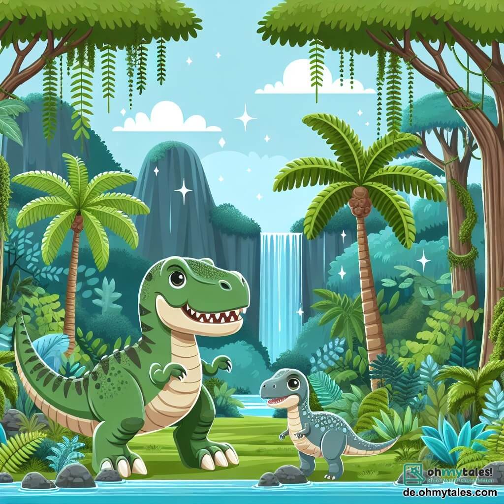 Une illustration destinée aux enfants représentant un jeune Tyrannosaure Rex, un adorable Brachiosaure bébé, dans une forêt luxuriante remplie de grands arbres, de fougères géantes et de cascades scintillantes.