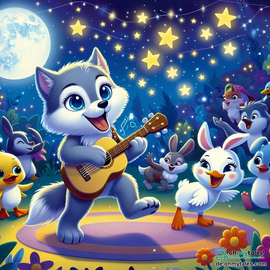 Illustration einer nächtlichen Szene in einem bunten Zoo, wo die Sterne in einem tiefblauen Himmel funkeln. In der Mitte spielt ein sanft grauer Wolf mit leuchtenden, saphirblauen Augen begeistert Gitarre, sein Gesicht wird vom Mondlicht erleuchtet. Neben ihm tanzt ein fröhlicher kleiner Kranich mit weißen Federn und einem leuchtend orangefarbenen Schnabel, der der Szene Farbe verleiht. Im Hintergrund beobachtet ein kleiner Hase mit großen Ohren, weißem Fell und neugierigen Augen mit einem amüsierten Lächeln, bereit, sich der Feier anzuschließen. Die Szene strahlt Freude und Kameradschaft aus, mit Lachen und Musiknoten, die in der Luft schweben, während andere Tiere im Zoo, die im Schatten versteckt sind, aufgeregt der Darbietung lauschen. Grafische Elemente wie leuchtende Sterne, bunte Blumen und sanfte Schatten verleihen diesem nächtlichen Abenteuer einen Hauch von Magie.
