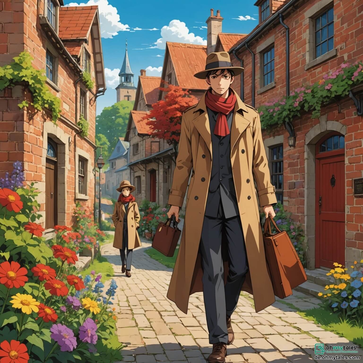 Une illustration destinée aux enfants représentant un homme au regard perçant, vêtu d'un long trench-coat marron et d'un chapeau, marchant avec détermination dans un petit village ensoleillé, où se dresse une charmante bibliothèque aux murs en briques anciennes, entourée de fleurs colorées et de grands arbres, tandis qu'une femme au visage inquiet, portant une écharpe rouge, l'accompagne pour l'aider à résoudre le mystère d'un livre volé.