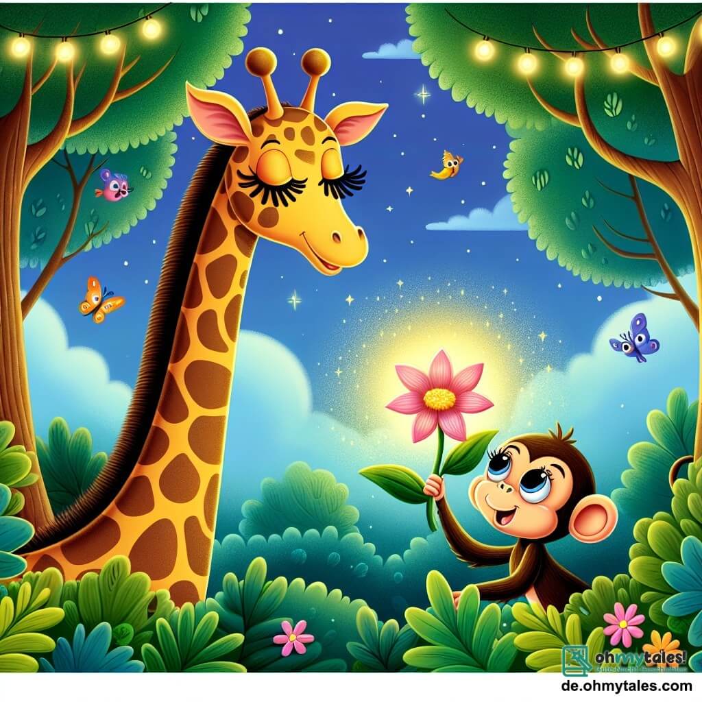 Une illustration destinée aux enfants représentant une élégante girafe fille aux longs cils, accompagnée d'un malicieux singe garçon, découvrant une mystérieuse fleur lumineuse dans une forêt luxuriante aux arbres aussi hauts que le ciel, remplie de couleurs vives et de chants d'oiseaux joyeux.