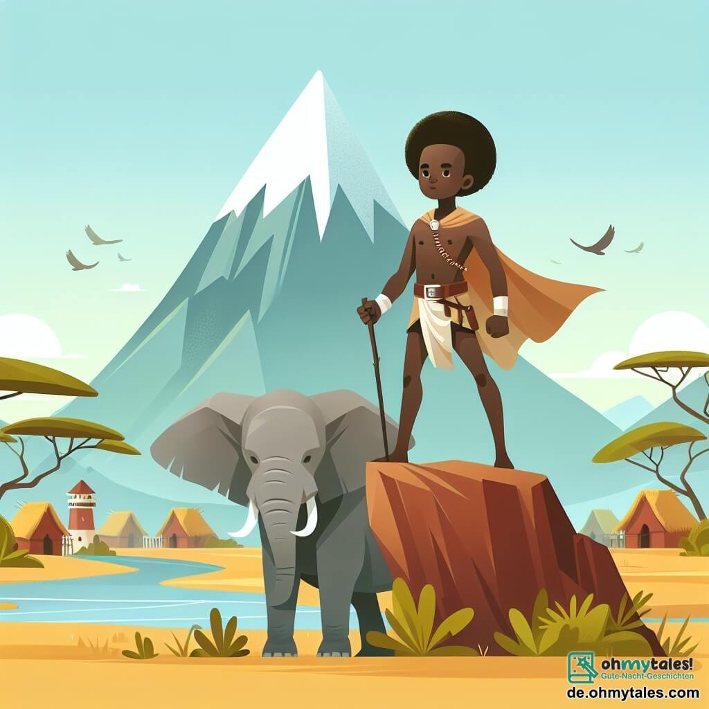 Une illustration destinée aux enfants représentant un jeune homme courageux, entouré d'un éléphant sage, se tenant au sommet d'une montagne majestueuse de la savane africaine, dans le village de Mchangani.