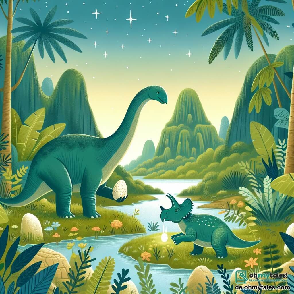 Une illustration destinée aux enfants représentant un jeune diplodocus garçon découvrant un mystérieux œuf de dinosaure avec l'aide de sa meilleure amie tricératops fille, dans une vallée luxuriante et verdoyante remplie de plantes préhistoriques géantes et de petits ruisseaux étincelants.