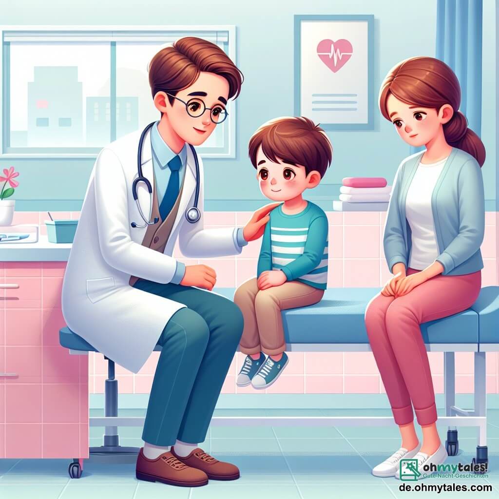 Une illustration sous forme de dessin destinée aux enfants représentant une clinique lumineuse et accueillante, avec des murs peints en couleurs pastel, où un homme médecin d'une trentaine d'années, aux cheveux bruns et portant une blouse blanche, examine attentivement un jeune garçon aux joues roses, allongé sur un lit d'hôpital, tandis qu'une mère inquiète aux cheveux châtains et en blouse de maison observe avec espoir, le tout baigné dans une lumière douce qui évoque un sentiment de sécurité et de bienveillance.