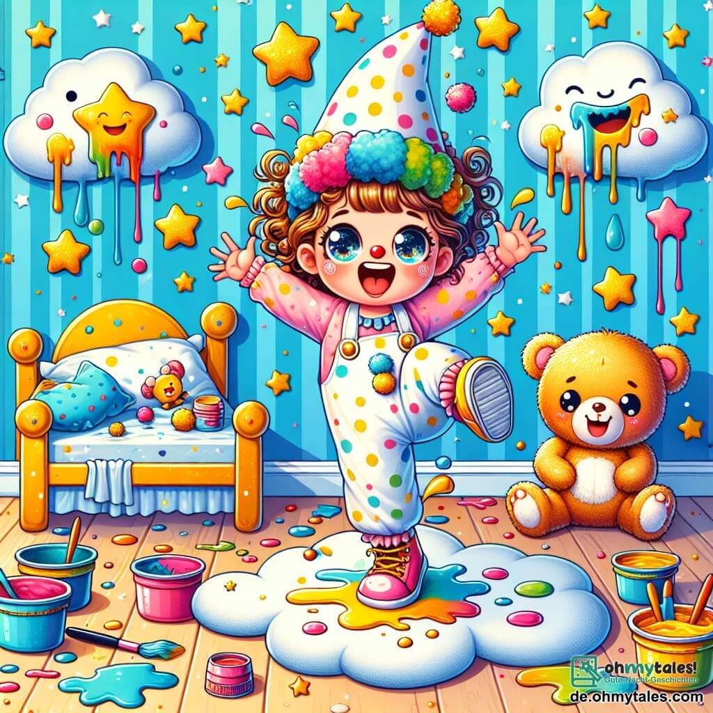 Illustration eines bunten kleinen Zimmers mit himmelblauen Wänden und funkelnden goldenen Sternen. In der Mitte lädt ein flauschiger Teppich in Wolkenform zum Sitzen ein. Ein 3-jähriges Mädchen mit großen, funkelnden Augen und lockigem Haar trägt ein Clownskostüm mit riesigen Schuhen und einem zu großen Hut. Sie tanzt fröhlich, die Arme in die Luft gestreckt, mit einem breiten Lächeln im Gesicht, während Lachen aus ihrem Mund strömt. Neben ihr sitzt ein kleiner Teddybär mit braunem Fell und glänzenden Augen auf dem Bett. Er scheint ebenfalls zu lachen, seine kleinen Pfoten erhoben, als würde er applaudieren. Die Hauptsituation zeigt das Mädchen, das Pirouetten und Grimassen macht, umgeben von bunten Farbtöpfen und Plastikbechern, während Puddingspritzer den Boden dekorieren. Lustige Sprechblasen schweben um sie herum und verdeutlichen ihre Freude und Verbundenheit. Verstreute Spielsachen wie Bauklötze und Plüschtiere verleihen der Szene eine spielerische Note und schaffen eine Atmosphäre von Glück und Kreativität.