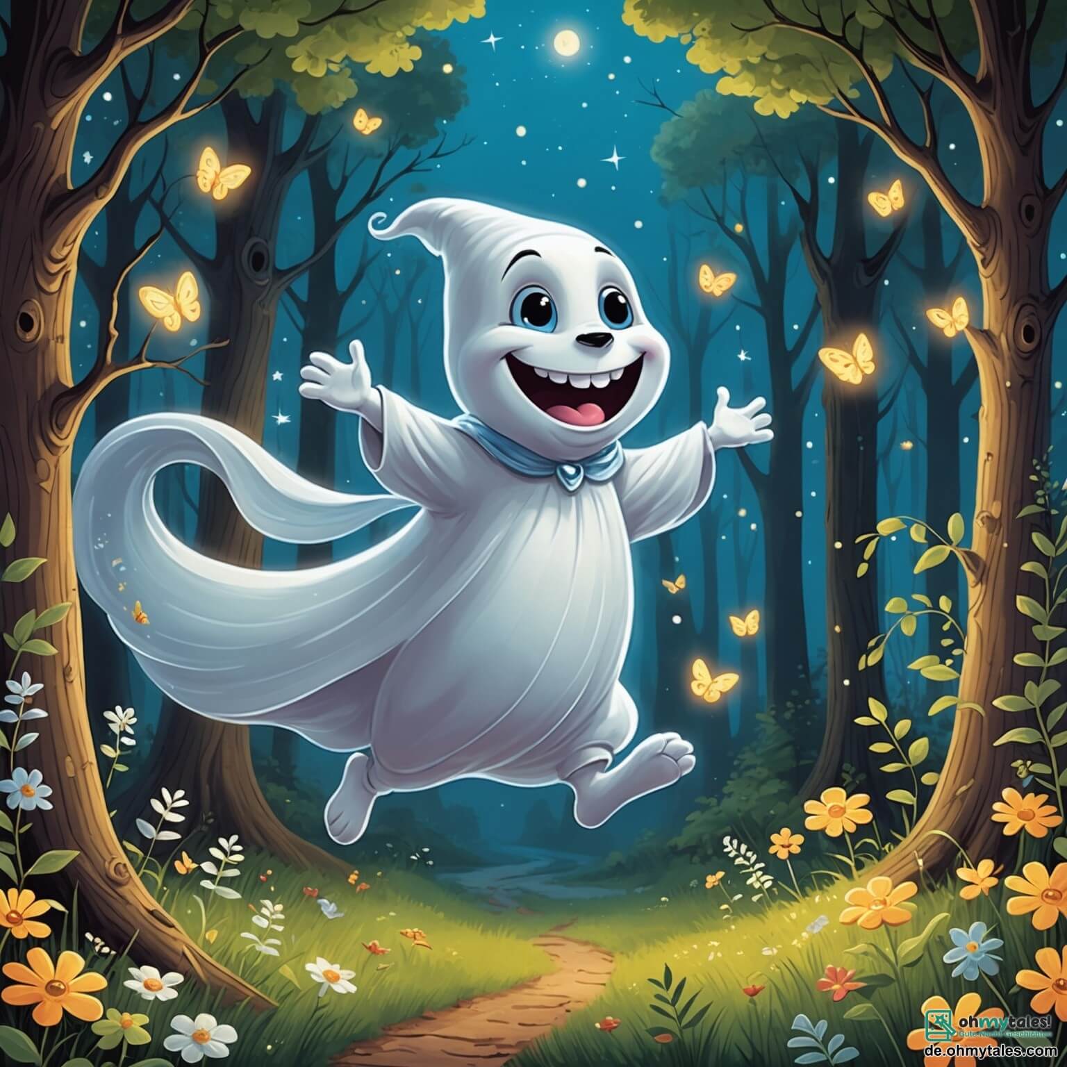 Une illustration destinée aux enfants représentant un fantôme rigolo, avec un grand sourire et des yeux pétillants, flottant joyeusement dans une forêt enchantée où les arbres dansent au rythme du vent, les fleurs chantent des mélodies douces et des lucioles scintillent comme des étoiles, tandis qu'un petit écureuil malicieux, personnage secondaire espiègle et curieux, l'observe avec émerveillement, intrigué par les farces et les rires de ce fantôme joyeux.