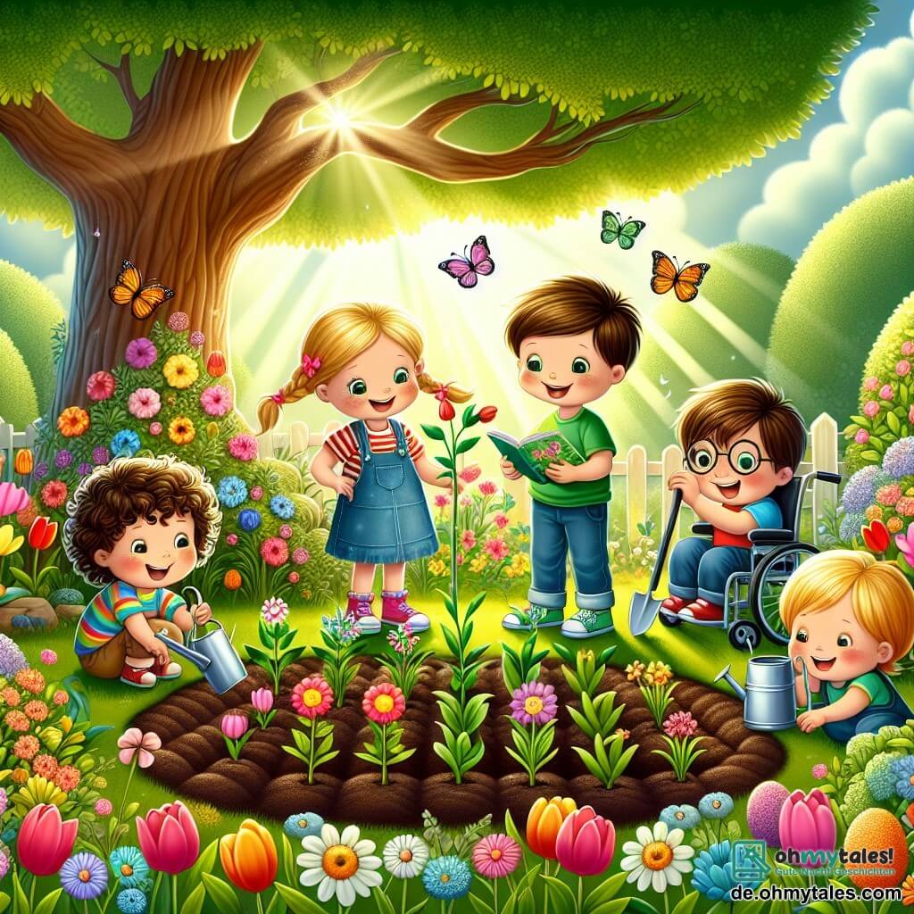 Illustration eines blühenden Gartens, der im sanften Licht des Frühlings erstrahlt. Bunte Blumen wie Tulpen und Gänseblümchen blühen um einen kleinen, grünen Gemüsegarten. In der Mitte steht eine Gruppe von vier Kindern fröhlich zusammen. Ein etwa 10-jähriger Junge mit blonden Haaren und funkelnden Augen lächelt, während er eine Schaufel hält, bereit, Samen zu pflanzen. Neben ihm zeigt ein etwa 9-jähriges Mädchen mit geflochtenen braunen Haaren und einem bunten T-Shirt begeistert eine kleine Pflanze. Ein anderer Junge, etwa 11 Jahre alt, mit Brille und braunen Haaren, schaut aufmerksam in ein Buch über Pflanzen, während ein etwa 10-jähriger Junge im Rollstuhl lächelt und eine Gießkanne hält, bereit, die jungen Pflanzen zu gießen. Im Hintergrund spendet eine majestätische alte Eiche Schatten, und Schmetterlinge umschwirren die Blumen, was dieser Frühlingsszene einen Hauch von Magie verleiht.