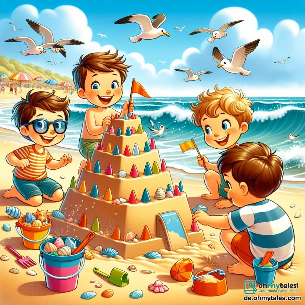 Illustration einer sonnigen Strandlandschaft am Meer, mit sanften Wellen, die auf den goldenen Sand treffen. Im Vordergrund sind drei Kinder versammelt: ein 10-jähriger Junge mit kurzen braunen Haaren und Sonnenbrille, der lächelt und einen kleinen Eimer voller Muscheln hält; ein 9-jähriger Junge mit lockigem blondem Haar, der fröhlich in das Wasser springt; und ein 8-jähriger Junge mit kastanienbraunen Haaren und einem gestreiften T-Shirt, der bewundernd zu den anderen schaut, während er einen Angel-Eimer hält. Die Hauptszene zeigt die Kinder, die zusammen Spaß haben und eine große Sandburg bauen, mit bunten Fahnen auf der Spitze. Im Hintergrund fliegen Möwen am blauen Himmel und Familien genießen den Strand. Bunte Strandspielzeuge wie eine Schaufel und ein Rechen sind um sie herum verstreut und verleihen der Szene eine fröhliche Note. Die Atmosphäre ist heiter und freundlich und vermittelt perfekt das Thema Freundschaft und Teilen.