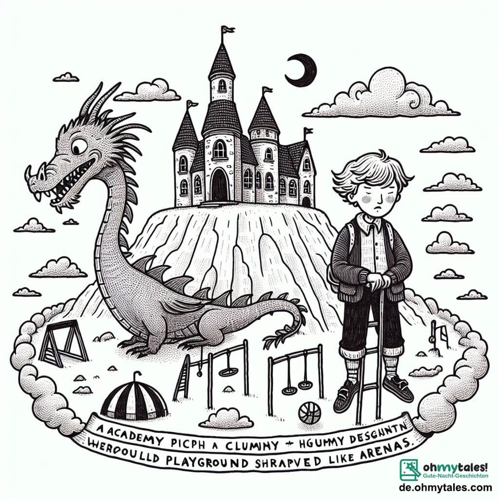 Une illustration destinée aux enfants représentant un dragon farfelu, un garçon maladroit, une académie perchée au sommet d'une montagne aux toits pointus et aux tours effilées, où les nuages dansent autour des cours de récréation en forme d'arène.