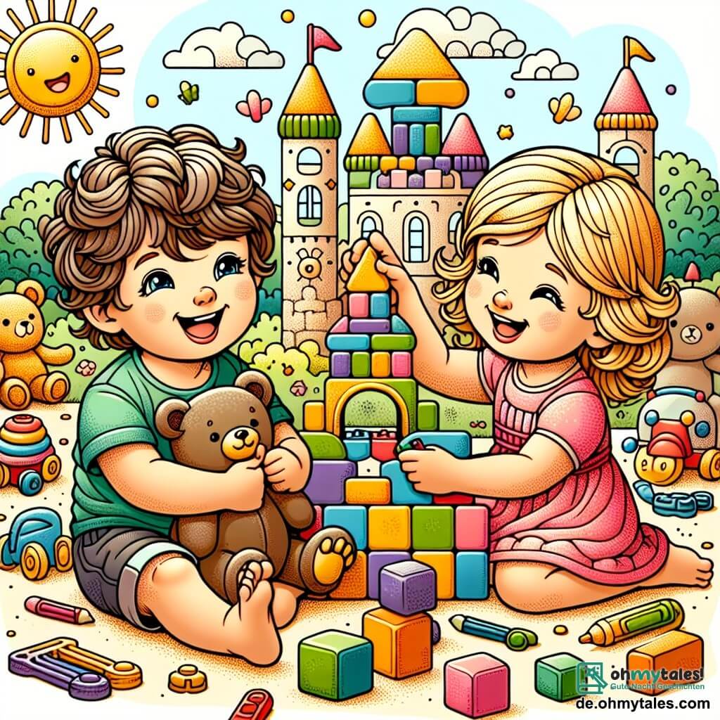 Une illustration sous forme de dessin destinée aux enfants représentant une cour de récréation ensoleillée avec des jeux colorés, un petit garçon de 2 ans aux cheveux bruns et bouclés, souriant et assis par terre, tenant un ours en peluche marron dans ses bras, tandis qu'une petite fille de 2 ans aux cheveux blonds et lisses, portant une robe rose, l'aide à construire un grand château en blocs colorés, tous deux rayonnants de joie et d'amitié, entourés de jouets éparpillés et de rires d'autres enfants en arrière-plan.