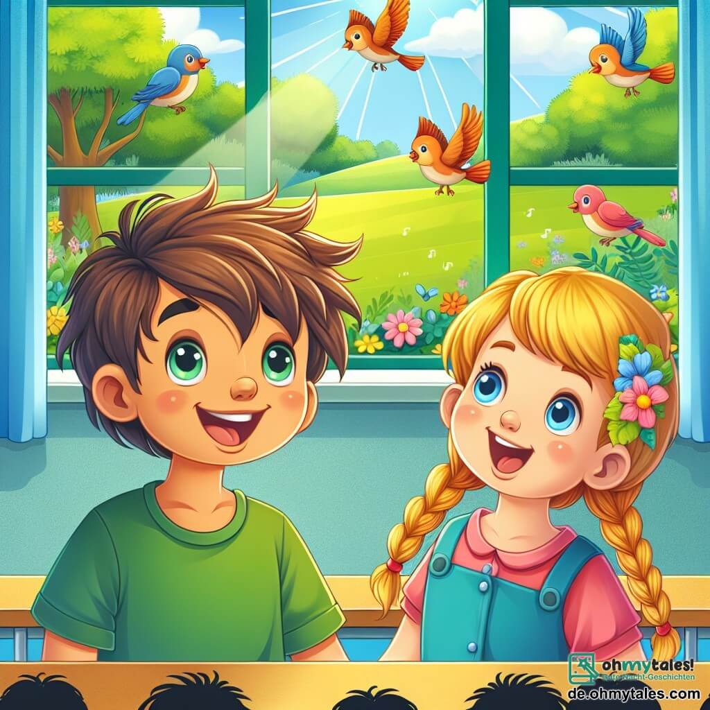 Une illustration destinée aux enfants représentant un garçon aux cheveux ébouriffés et aux yeux brillants, faisant face à un défi, accompagné d'une fillette aux longs zöpfen blonds, dans une salle de classe lumineuse avec des fenêtres donnant sur un jardin verdoyant et des oiseaux chantant joyeusement.