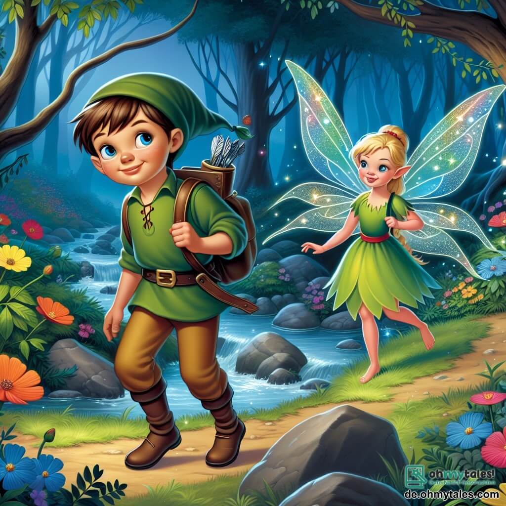 Une illustration destinée aux enfants représentant un garçon courageux explorant un mystérieux Zauberwald en compagnie d'une petite fée verte aux ailes scintillantes, dans une forêt sombre et enchantée bordée de fleurs colorées et d'un ruisseau étincelant.