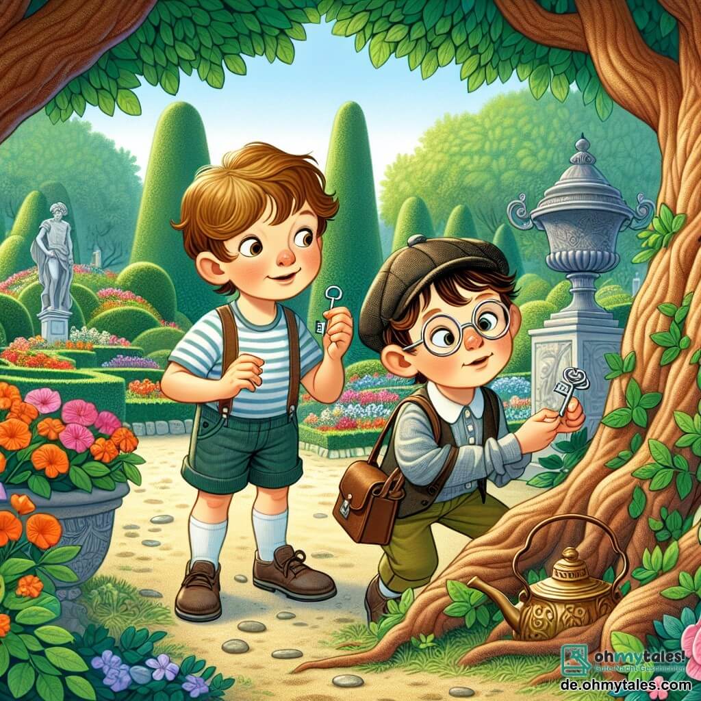 Une illustration sous forme de dessin destinée aux enfants représentant un vieux et mystérieux jardin entouré d'arbres majestueux et de fleurs colorées, où un garçon de 8 ans aux cheveux châtains et aux yeux pétillants, vêtu d'un t-shirt rayé et d'un short, tient un petit clé en argent dans sa main, tandis qu'à ses côtés, un autre garçon de 8 ans avec des lunettes rondes et une casquette, regarde avec curiosité une vieille statue, alors qu'ils découvrent ensemble un ancien trésor caché dans un kessel enfoui sous des feuilles, illustrant leur aventure en tant que jeunes détectives.
