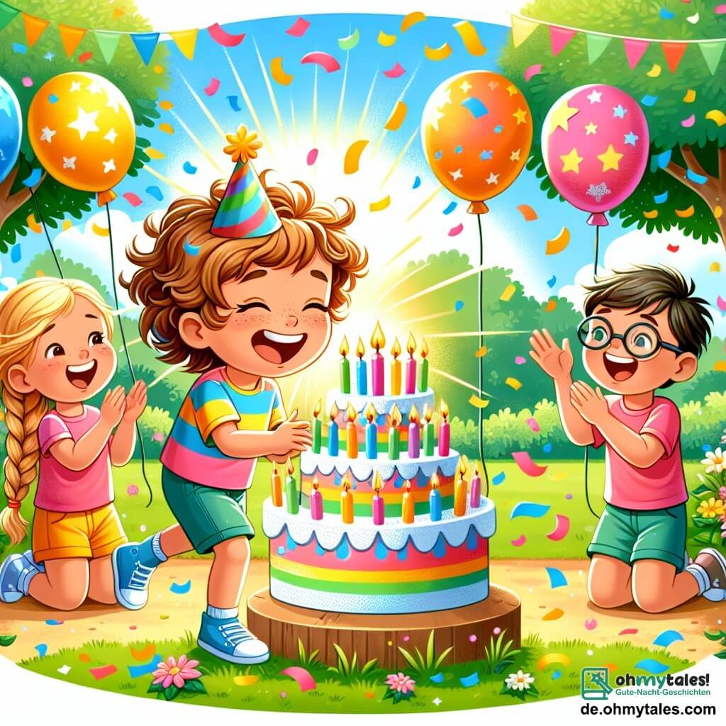 Une illustration sous forme de dessin destinée aux enfants représentant un joyeux parc ensoleillé, avec un garçon de 11 ans aux cheveux bruns et bouclés, portant un t-shirt coloré et un short, riant aux éclats alors qu'il souffle sur les bougies d'une grande gâteau d'anniversaire décoré de couleurs vives, entouré de ses amis : une fille aux cheveux blonds tressés, tenant un ballon en forme d'étoile, et un garçon aux lunettes, applaudi avec enthousiasme, tandis que des confettis multicolores tombent autour d'eux, créant une atmosphère festive et joyeuse.