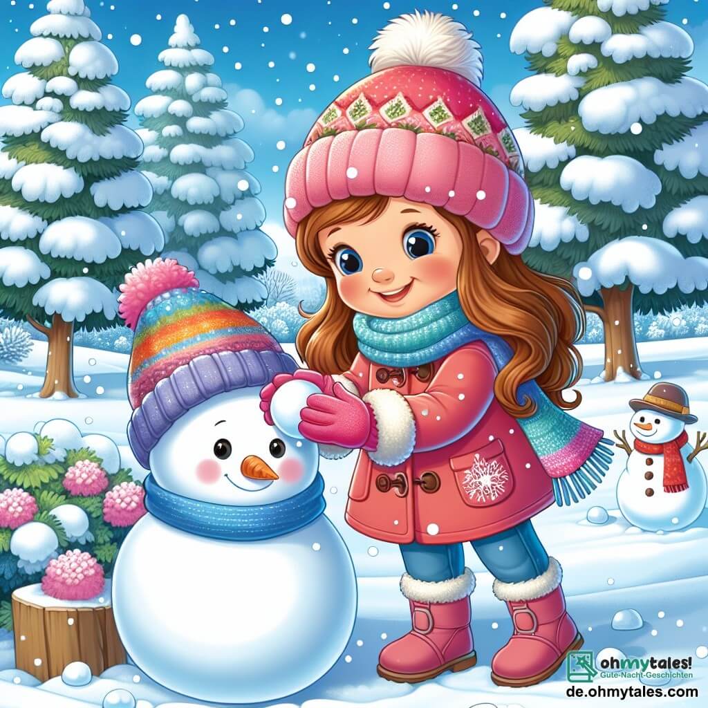 Illustration einer fröhlichen Winterszene in einem Park. Der Boden ist mit einer dicken Schicht glitzernden Schnees bedeckt, während sanfte Schneeflocken vom hellblauen Himmel fallen. Im Hintergrund erheben sich majestätisch Bäume mit schneebedeckten Ästen. Im Vordergrund steht ein etwa 5-jähriges Mädchen mit langen braunen Haaren, das einen leuchtend rosa Mantel und eine Wollmütze trägt. Sie lächelt breit, mit von der Kälte geröteten Wangen, und bereitet sich darauf vor, einen Schneeball zu rollen, um einen Schneemann zu bauen. Neben ihr hilft eine etwa 30-jährige Frau mit braunen, zu einem Dutt gebundenen Haaren, die einen blauen Mantel und einen bunten Schal trägt, dem Mädchen, indem sie einen großen Schneeball formt. Die Hauptsituation zeigt die Verbundenheit zwischen Mutter und Tochter, die beide in der Aufregung sind, einen Schneemann zu schaffen. Zusätzliche grafische Elemente umfassen einen bereits gebauten Schneemann mit einer Karotte als Nase und einem alten Hut sowie ein Thermometer, das eine kalte Temperatur anzeigt, um die winterliche Atmosphäre zu betonen.