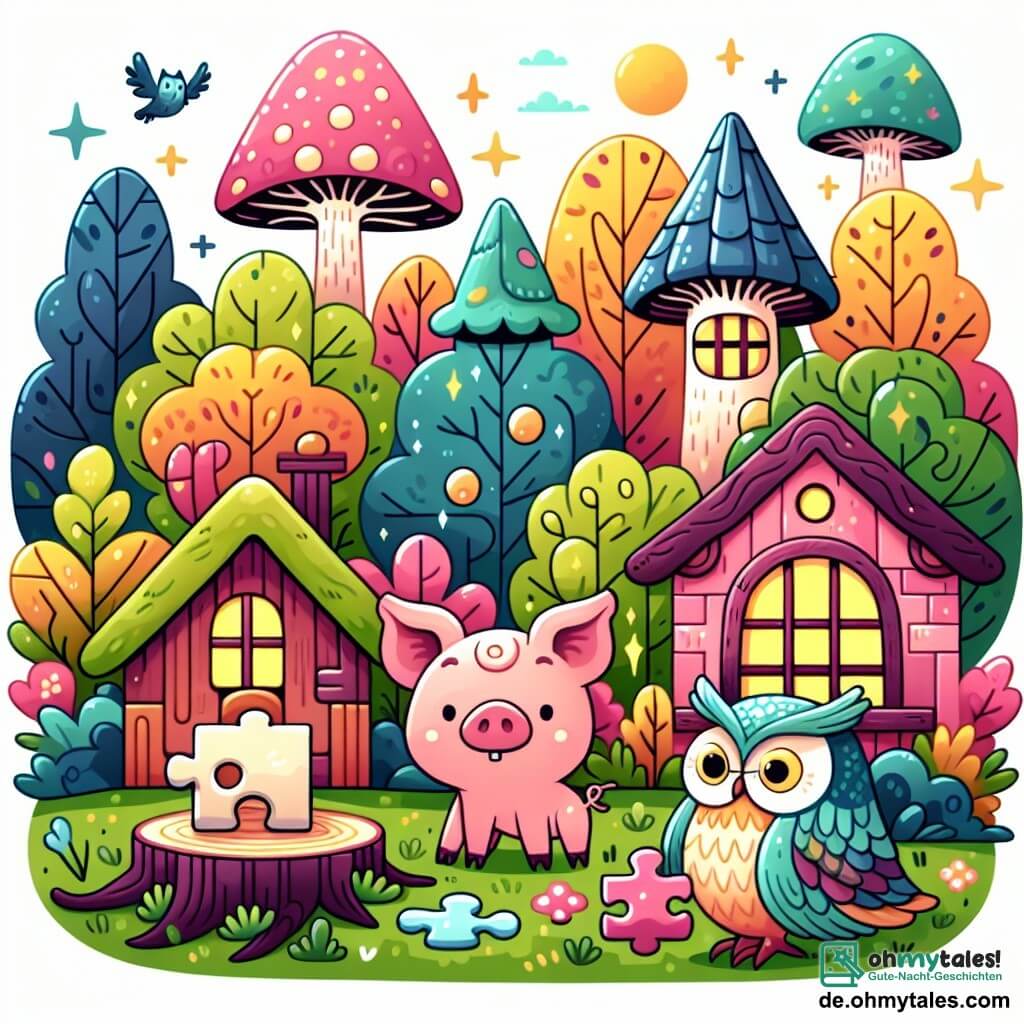 Une illustration destinée aux enfants représentant un petit cochon courageux, une énigme à résoudre, une gentille chouette, dans un village forestier enchanté aux maisons en forme de champignons colorés et aux arbres aux feuilles scintillantes.