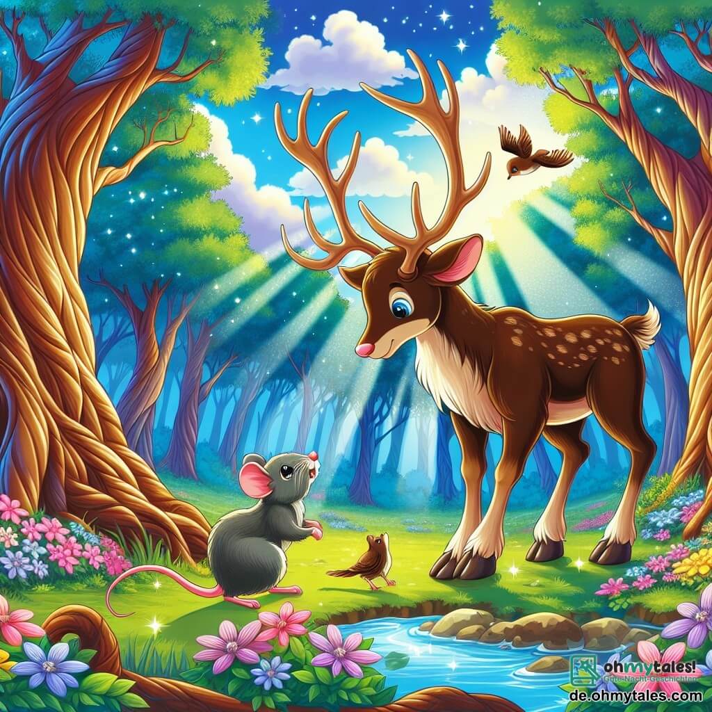 Illustration eines wunderschönen Landschaftsbildes eines verwunschenen Waldes, in dem große, dicke und knorrige Bäume in den blauen Himmel mit weißen Wolken ragen. Bunte Blumen in Rosa, Gelb und Violett bedecken den Boden, während ein sanfter Bach durch das Unterholz glitzert. Im Zentrum des Bildes steht ein junger Rentier mit glänzendem braunem Fell und majestätisch gebogenen Geweihen neugierig da, seine großen Augen strahlen vor Begeisterung. Es schaut auf einen kleinen verletzten Vogel, der auf einem Ast sitzt, mit angelegten Flügeln und traurigem Blick. In der Nähe ist eine kleine graue Maus mit lebhaften Augen beschäftigt, um sie herum nach Kräutern zu suchen, um dem Vogel zu helfen. Die Szene strahlt eine Atmosphäre von Kameradschaft und Solidarität aus, mit Sonnenstrahlen, die durch die Blätter filtern und diesen Moment der Zärtlichkeit und Hilfe in dem magischen Wald erhellen.