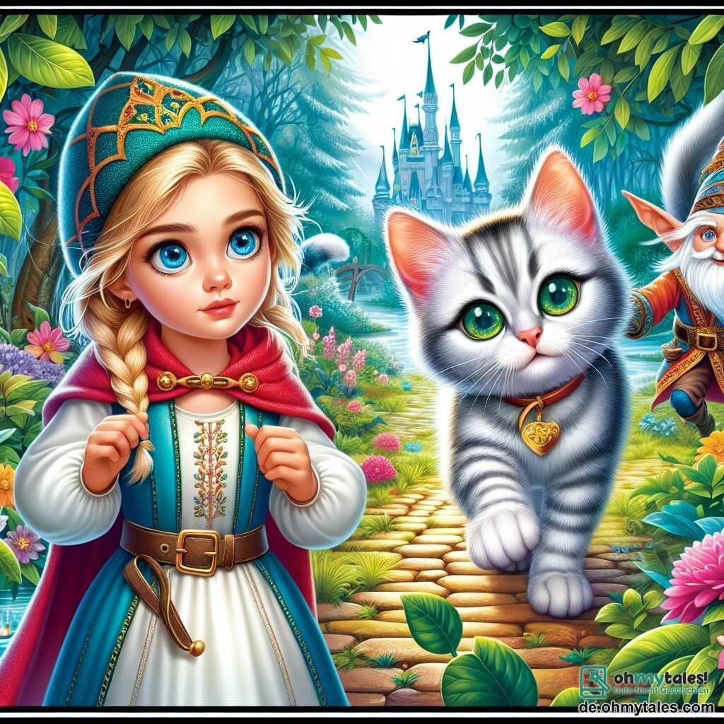 Une illustration destinée aux enfants représentant une fille intrépide découvrant un kätzchen argenté aux yeux émeraude, accompagnée d'une majestueuse Elfe dans un jardin enchanté de Wunderland.
