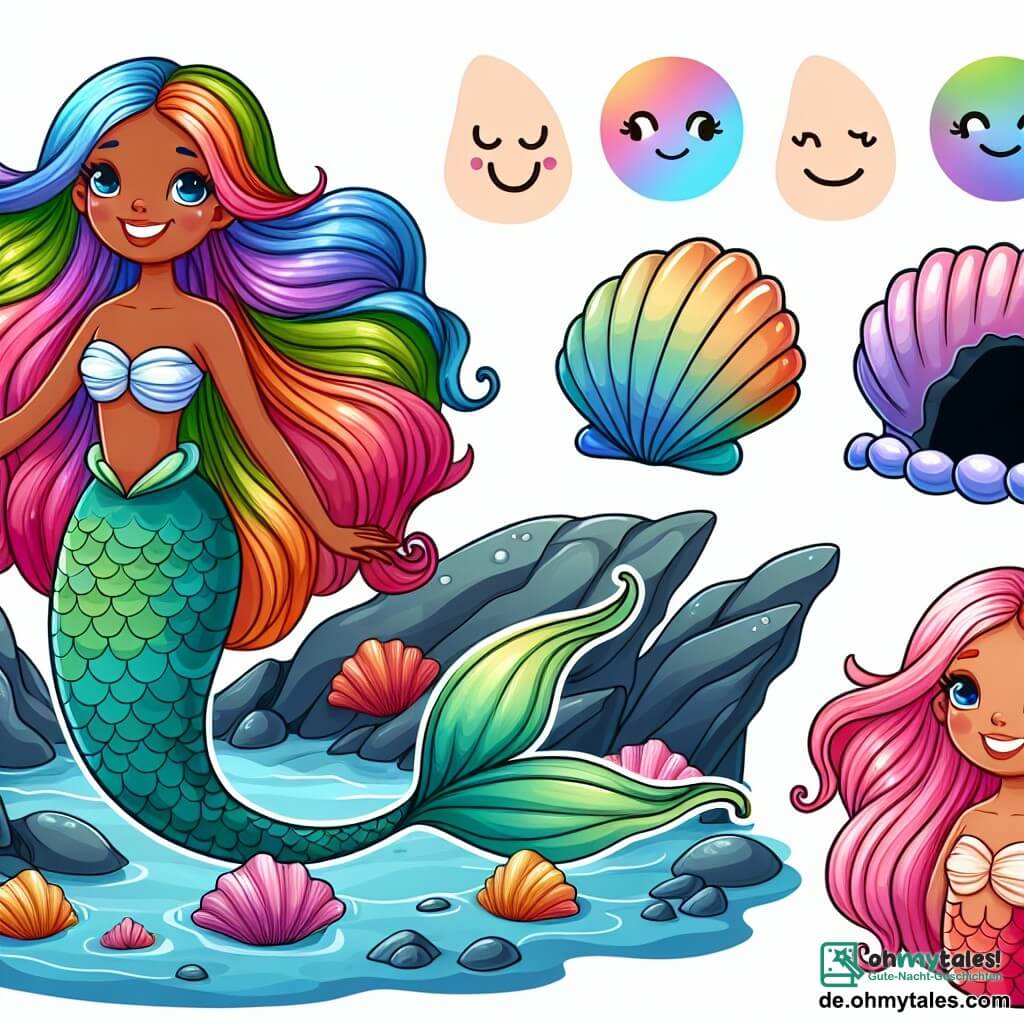 Une illustration destinée aux enfants représentant une jolie sirène aux cheveux multicolores, une muschel qui rit, une autre sirène triste et une grotte mystérieuse au fond de l'océan.