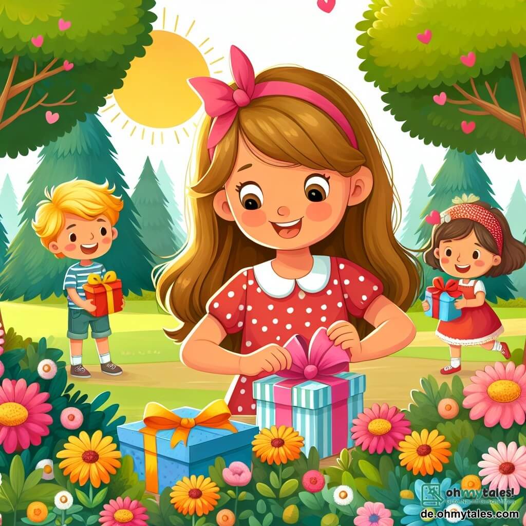 Une illustration destinée aux enfants représentant une fillette joyeuse préparant des cadeaux pour ses amis, accompagnée de ses amis garçons et filles, dans un parc ensoleillé rempli de fleurs colorées et d'arbres majestueux pour la Saint-Valentin.