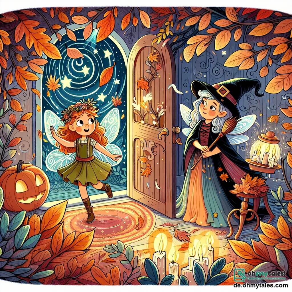 Une illustration destinée aux enfants représentant une jeune fille en costume de fée, découvrant une mystérieuse porte cachée parmi des feuilles d'automne tourbillonnantes, accompagnée d'une amicale sorcière dans une salle magique éclairée par des bougies scintillantes, lors d'une soirée de Halloween pleine de magie et de surprises.