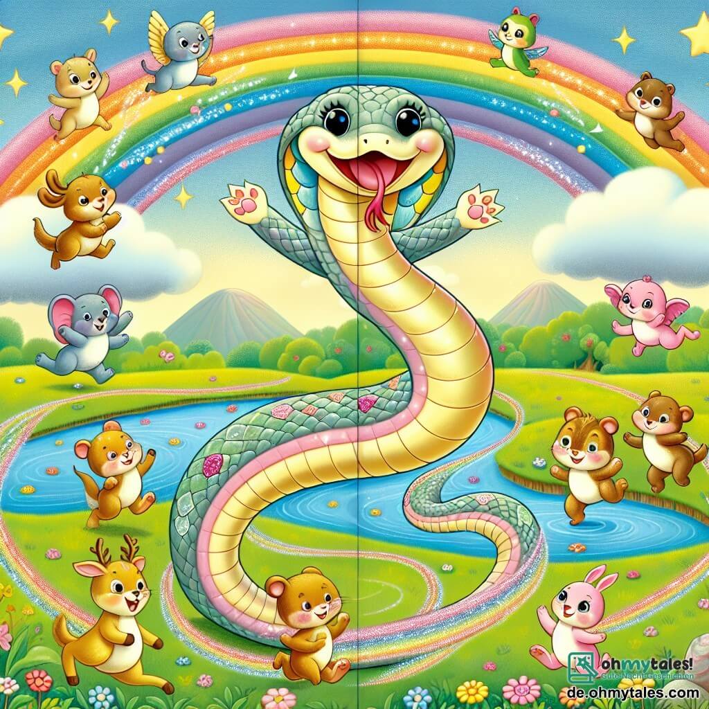 Une illustration destinée aux enfants représentant une charmante petite serpent aux écailles scintillantes participant à un joyeux concours de roulades et de pirouettes avec ses amis animaux sur une grande prairie colorée bordée d'un joli ruisseau étincelant.