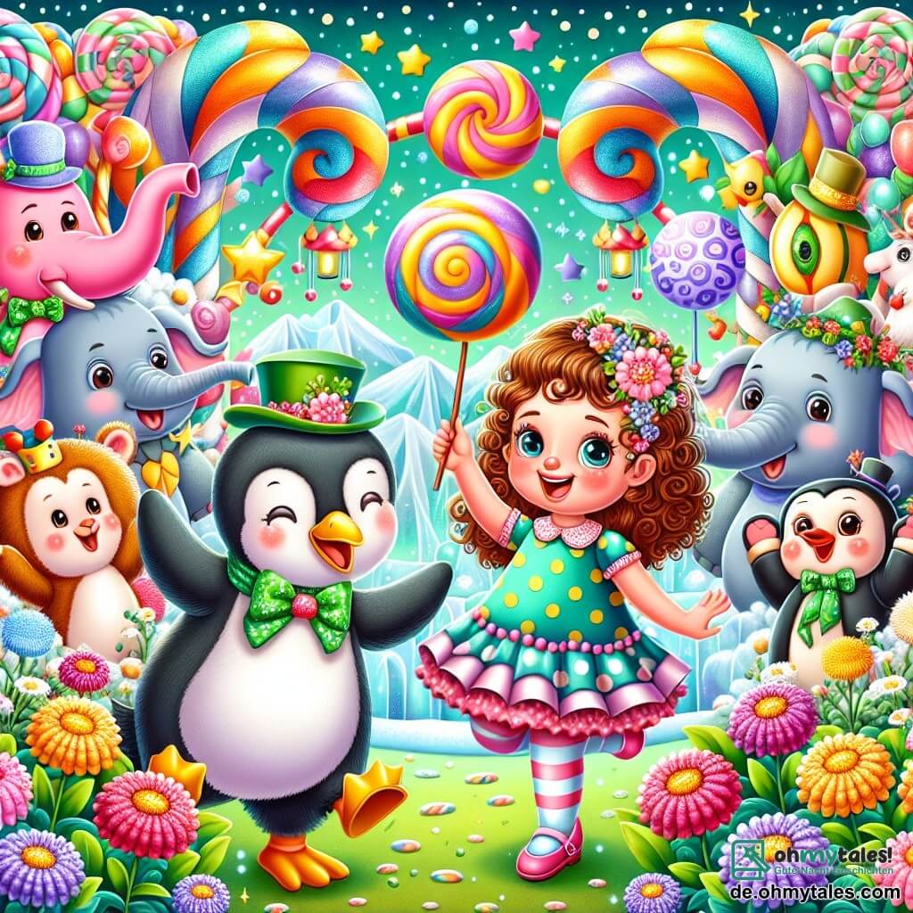 Une illustration sous forme de dessin destinée aux enfants représentant un jardin fantastique rempli de fleurs colorées et de arbres en sucre d'orge, où une fille de 9 ans aux cheveux bouclés et aux yeux pétillants, portant une robe à pois, danse joyeusement avec un petit pinguin en costume de melon, tandis qu'un groupe d'éléphants aux chapeaux rigolos applaudit et une licorne scintillante rit à côté, le tout capturant l'instant où ils célèbrent la victoire d'un jeu loufoque de balancement de glace.