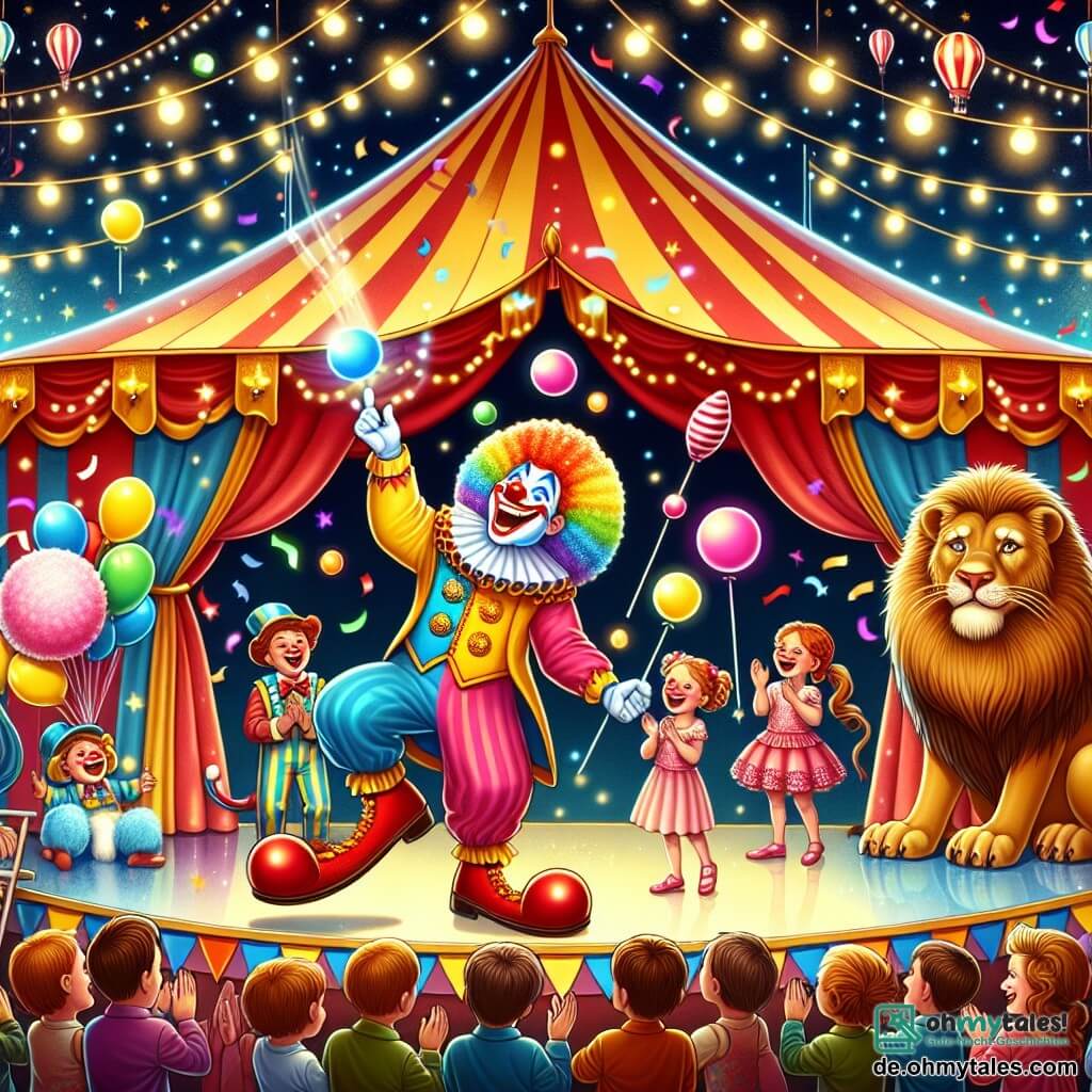 Eine Illustration zeigt ein großes, buntes Zirkuszelt mit roten und gelben Streifen, das im Wind weht. Innen funkeln Lichter und schaffen eine magische, festliche Atmosphäre. Im Mittelpunkt steht ein fröhlicher Clown, ein etwa 30-jähriger Mann, der ein buntes Kostüm mit großen Knöpfen und riesigen roten Schuhen trägt. Er jongliert mit glänzenden Bällen und macht lustige Grimassen. Neben ihm lacht ein 8-jähriges Mädchen mit lockigem Haar in einem rosa Kleid, während es eine große Zuckerwatte hält. Im Hintergrund sitzt ein majestätischer goldener Löwe auf einem kleinen Hocker und schaut freundlich zu den Kindern, während eine Gruppe von Kindern, drei Jungen und ein Mädchen, begeistert applaudiert und lächelt. Bunte Konfetti fallen vom Himmel und tragen zur Freude des Moments bei.