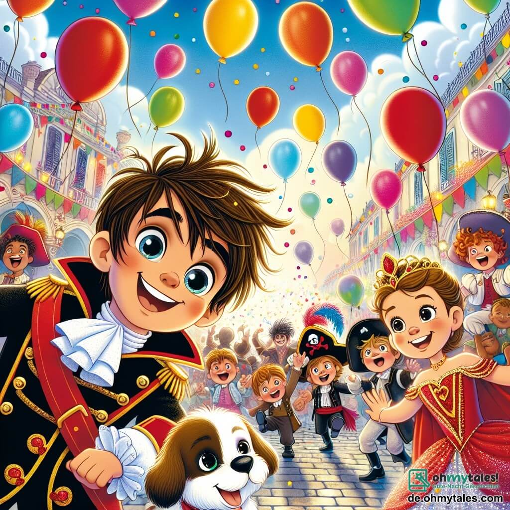 Une illustration destinée aux enfants représentant un garçon espiègle aux yeux pétillants et aux cheveux en bataille, vêtu d'un costume de pirate noir et rouge, se tenant au milieu d'une rue animée d'un carnaval éclatant, où des ballons multicolores flottent dans l'air, des enfants rient et dansent en costumes variés, tandis qu'une petite fille en robe de princesse scintillante, avec un sourire radieux et un éclat de magie dans ses yeux, l'accompagne dans sa quête joyeuse pour retrouver un petit chien perdu, tout cela sous un ciel azur parsemé de nuages cotonneux et illuminé par les rayons dorés du soleil couchant.