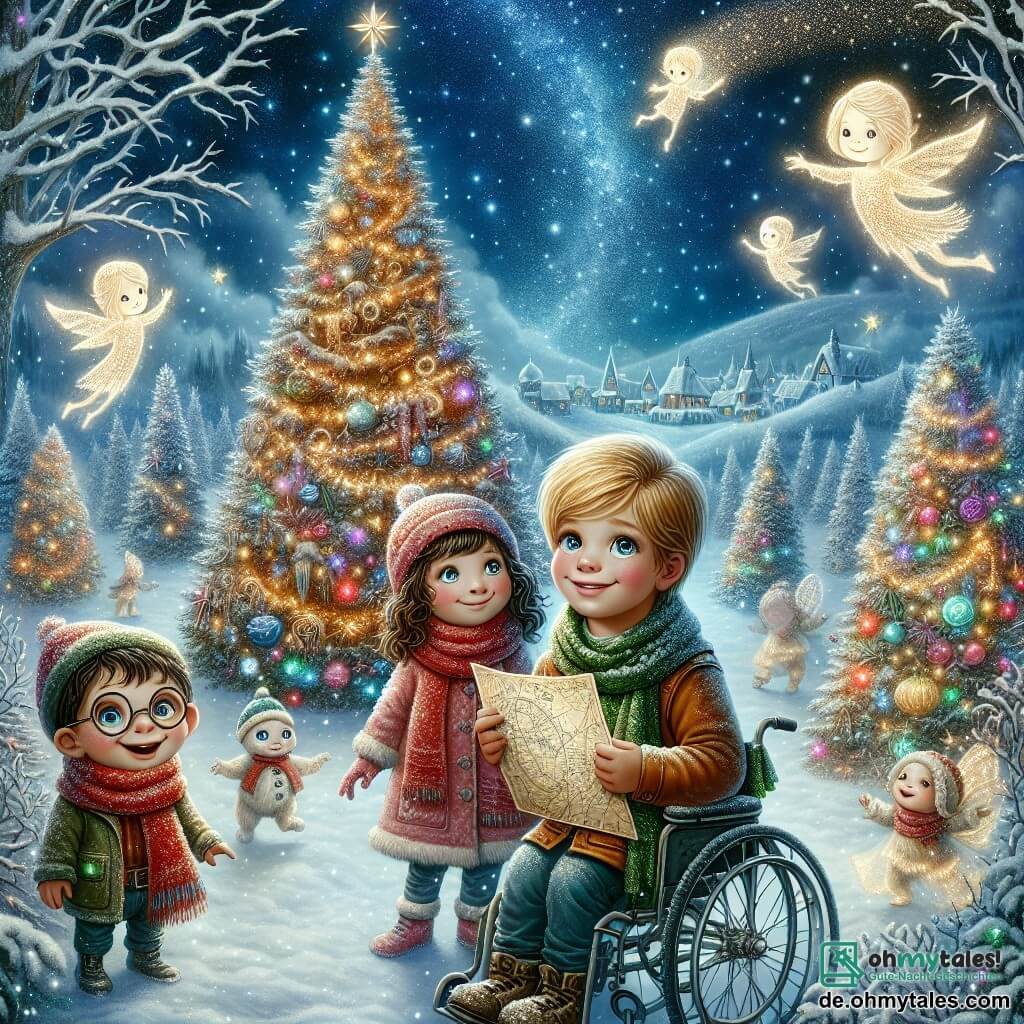 Eine Illustration zeigt eine magische Szene in einem verschneiten Garten, wo ein majestätischer großer Baum mit funkelnden Lichtern und bunten Girlanden geschmückt ist. Der Schnee bedeckt den Boden mit einem sanften weißen Mantel, während sanfte Flocken vom sternenklaren Himmel fallen. Im Mittelpunkt des Bildes steht ein 11-jähriger Junge mit blonden Haaren und strahlenden Augen, der fröhlich lächelt, während er eine geheimnisvolle Karte in den Händen hält. Neben ihm steht ein 8-jähriges Mädchen mit lockigem braunem Haar, das einen roten Schal trägt und den Jungen bewundernd ansieht. Ein 11-jähriger Junge im Rollstuhl, mit einer Brille und einem schelmischen Lächeln, beobachtet die Szene begeistert und ist bereit, ihnen auf ihrem Abenteuer zu folgen. Die drei Freunde sind von kleinen leuchtenden Wesen, Weihnachtsgeistern, umgeben, die um sie herumtanzen und der Atmosphäre einen Hauch von Magie verleihen. Im Hintergrund funkeln die Sterne am Himmel, und die Schatten von Tannenbäumen zeichnen sich ab, was eine märchenhafte Stimmung schafft. Insgesamt vermittelt die Szene die Aufregung und das Versprechen eines unvergesslichen Abenteuers am Vorabend von Weihnachten.