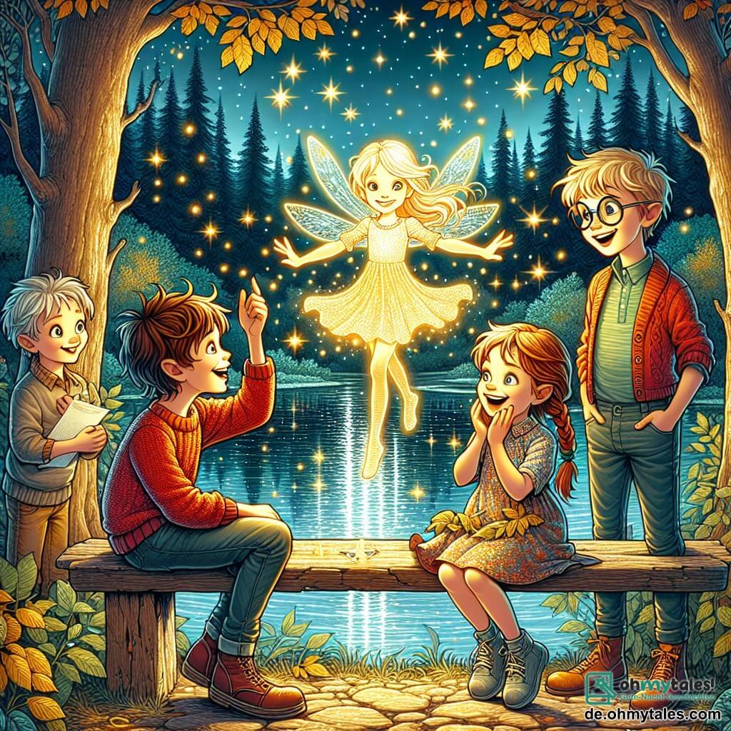 Illustration einer magischen Szene am Ufer eines funkelnden klaren Teiches, umgeben von großen Bäumen mit goldenen und silbernen Blättern, unter einem Dämmerungshimmel, in dem die Sterne zu leuchten beginnen. Im Vordergrund stehen drei Kinder auf einer alten Holzbank: Ein etwa 8-jähriger Junge mit zerzausten braunen Haaren und funkelnden Augen, der begeistert einen kleinen leuchtenden Elf betrachtet, der vor ihm schwebt. Neben ihm ein etwa 7-jähriges Mädchen mit langen geflochtenen blonden Haaren und einem bunten Kleid, das fröhlich lächelt und die Arme hebt, als wolle sie den Elf berühren. Schließlich ein weiterer Junge von etwa 9 Jahren mit Brille und braunen Haaren, der aufmerksam das Spektakel beobachtet und ein Stück Papier in den Händen hält, auf dem ein Wunsch geschrieben steht. Der Elf, der in tausend Farben leuchtet, hat durchsichtige Flügel und ein strahlendes Lächeln, umgeben von kleinen funkelnden Glitzerpartikeln. Im Hintergrund säumen leuchtende Blumen den Weg zum See und verleihen der Szene einen Hauch von Magie.