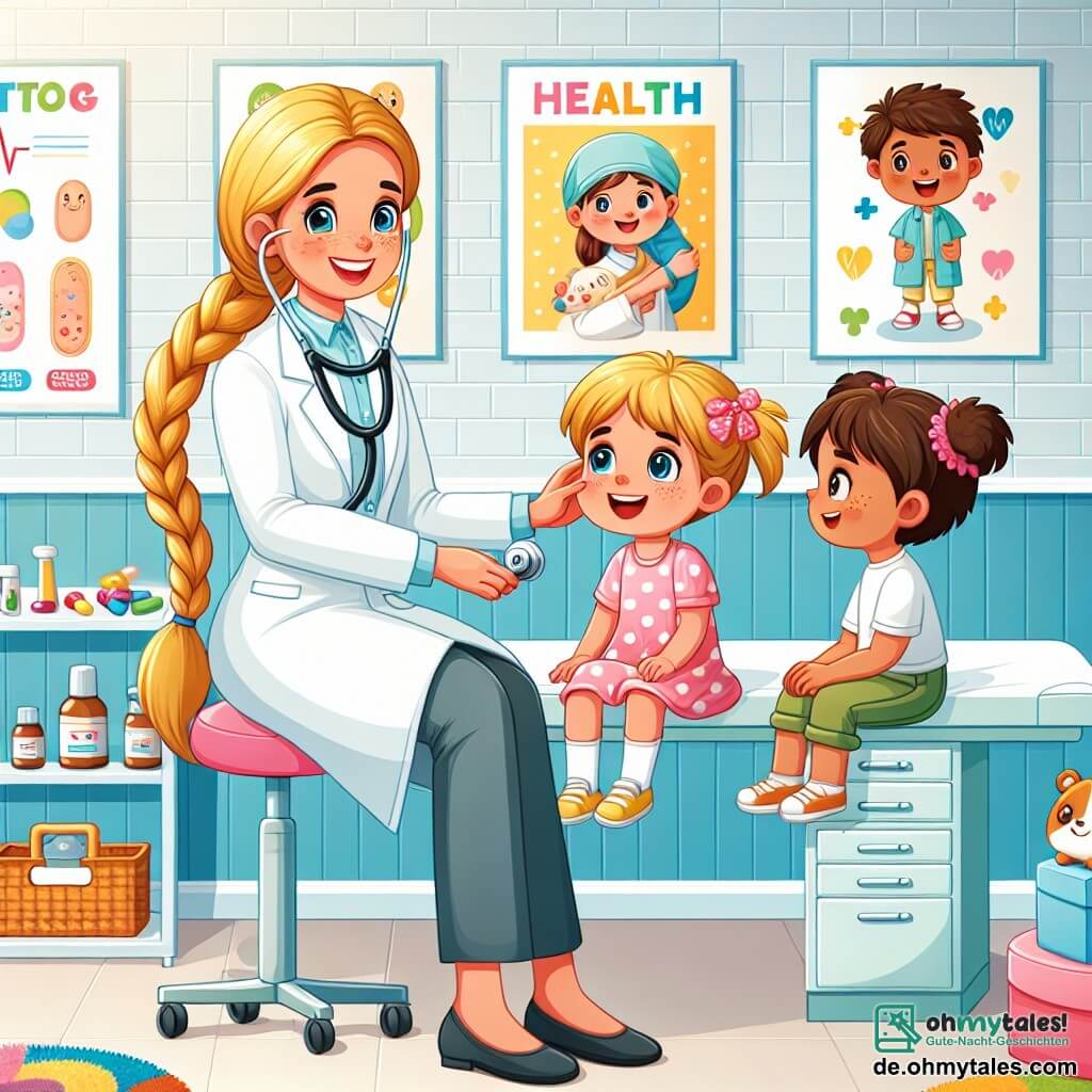 Illustration einer hellen und einladenden Klinik mit Wänden in Pastellfarben und Gesundheits-Cartoonpostern an den Wänden. In der Mitte steht eine Ärztin mit langen, geflochtenen blonden Haaren, die einen weißen Kittel und ein Stethoskop um den Hals trägt. Sie lächelt freundlich, während sie einen etwa 8-jährigen Jungen mit einer kleinen Rötung auf der Nase und einem breiten Lächeln untersucht, der auf einem Untersuchungstisch sitzt. Neben ihnen beobachtet ein etwa 6-jähriges Mädchen mit Zöpfen und einem bunten Kleid neugierig, während es ein Plüschtier hält. Die Ärztin erklärt sanft ihren jungen Patienten, wie sie sich besser fühlen können, während bunte Spielzeuge um sie herum verstreut sind und eine fröhliche und beruhigende Atmosphäre schaffen.