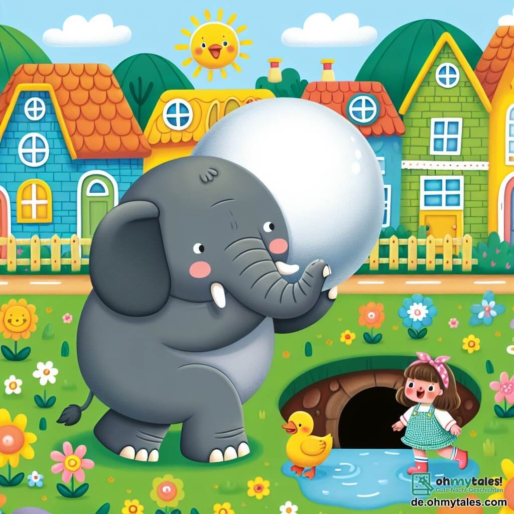 Une illustration destinée aux enfants représentant un éléphant garçon portant une grande ronde brille, découvrant un tunnel secret avec l'aide d'une petite ente fille, dans une ville animée appelée Tierhausen, où les maisons colorées sont entourées de fleurs et d'arbres joyeux.
