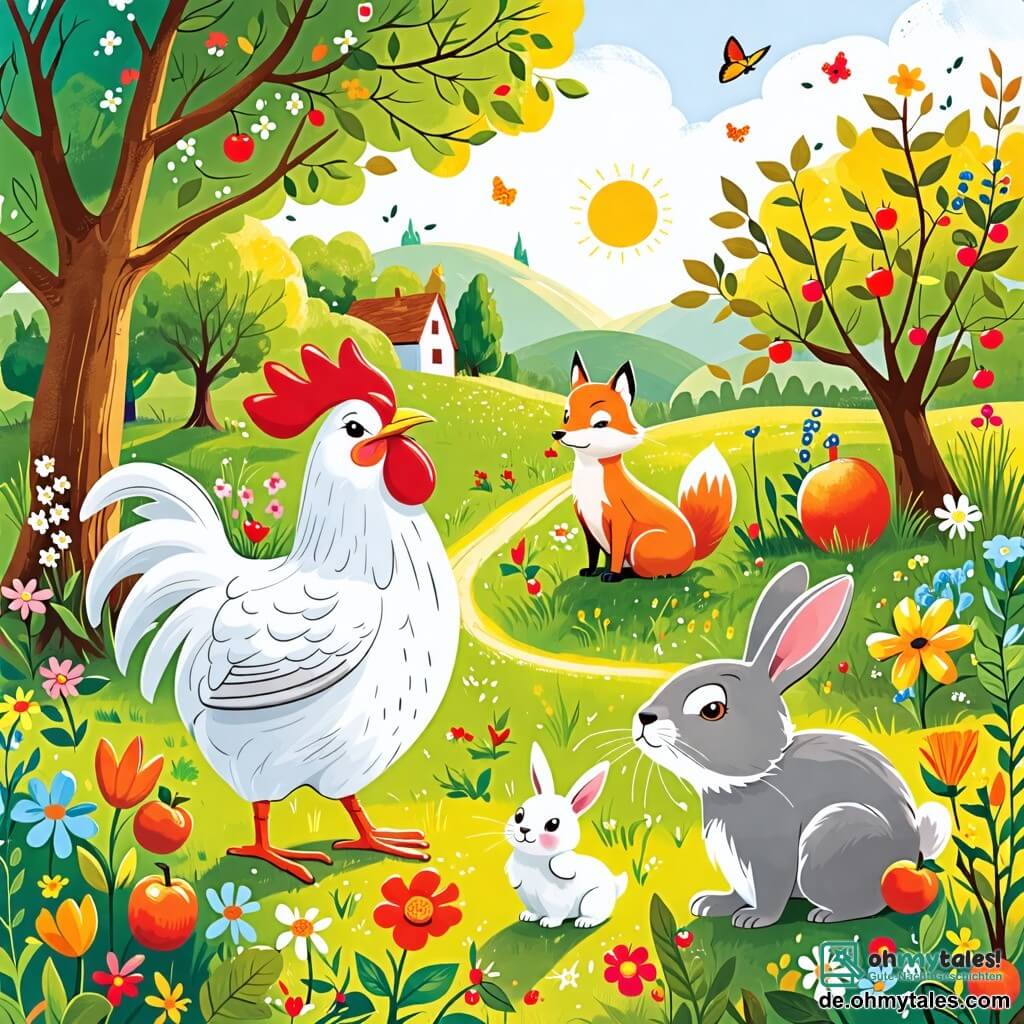 Une illustration sous forme de dessin destinée aux enfants représentant un charmant petit fermier ensoleillé avec des fleurs colorées et des arbres fruitiers en arrière-plan, où une poule au plumage blanc éclatant, curieuse et amicale, aide un petit lapin gris effrayé à retrouver sa famille, tandis qu'un renard rusé, aux yeux malicieux, les observe de loin, créant une atmosphère de camaraderie et d'aventure au cœur de la nature.
