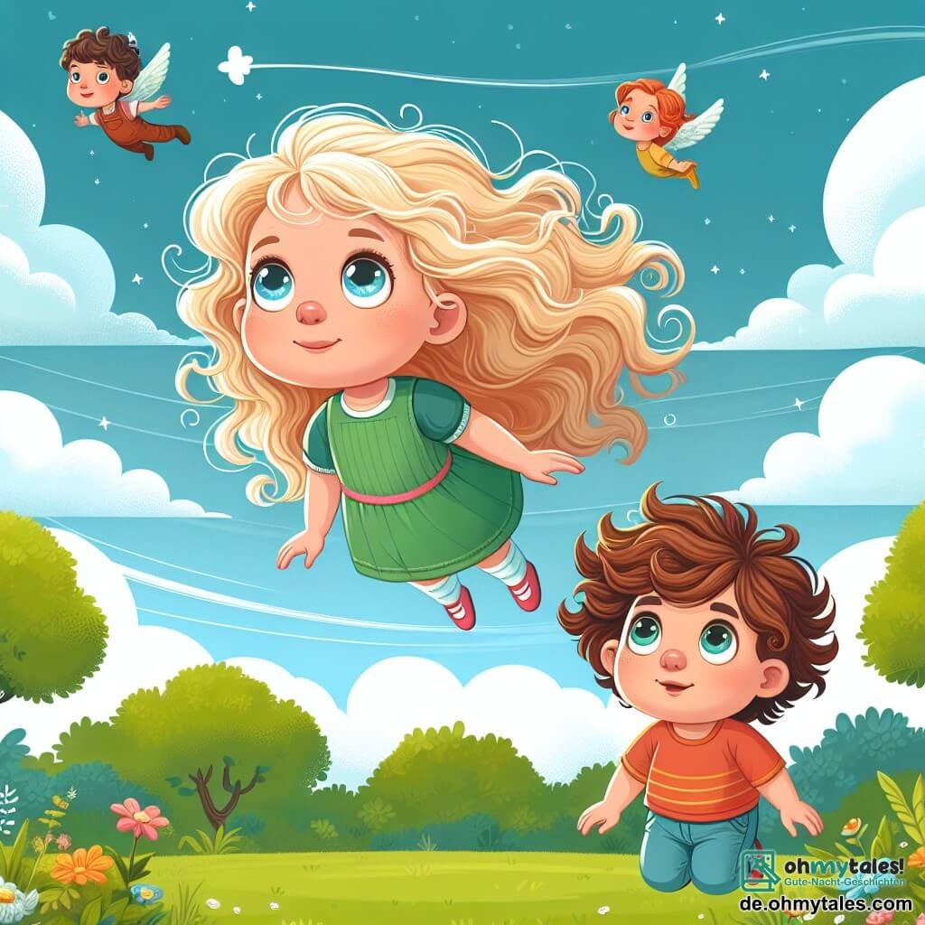 Une illustration destinée aux enfants représentant une fillette blonde aux boucles d'or, défiant les lois de la gravité en volant dans un parc verdoyant, accompagnée d'un petit garçon brun aux yeux curieux, dans un ciel parsemé de nuages cotonneux et d'oiseaux chantants.
