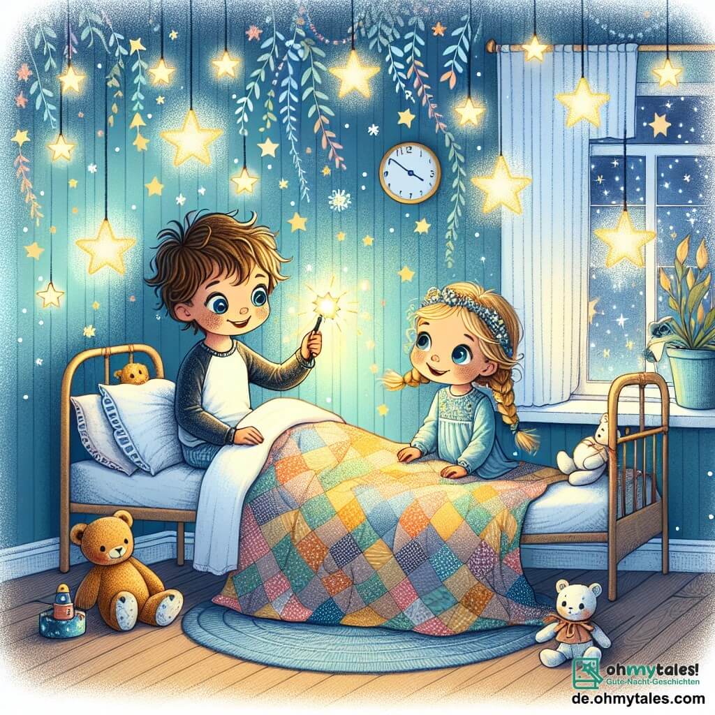 Eine Illustration zeigt ein warmes Kinderzimmer mit pastellblauen Wänden und goldenen Sternen an der Decke. In der Mitte steht ein gemütliches Bett, bedeckt mit einer bunten Bettdecke und Plüschspielzeugen. Ein kleiner Junge, etwa 6 Jahre alt, mit zerzausten braunen Haaren, sitzt auf dem Bett und hält eine kleine Taschenlampe, die sanftes, tanzendes Licht an die Wände projiziert. Neben ihm sitzt ein kleines Mädchen, ebenfalls 6 Jahre alt, mit geflochtenen blonden Haaren und strahlenden Augen, das neugierig das Licht betrachtet und lächelt. Die Szene fängt den Moment ein, in dem sie gemeinsam entdecken, dass Dunkelheit magisch und freundlich sein kann, und verwandelt ihre Angst in Staunen. Sanfte Schatten tanzen um sie herum, und Sterne funkeln an der Decke, was eine traumhafte und sichere Atmosphäre schafft.