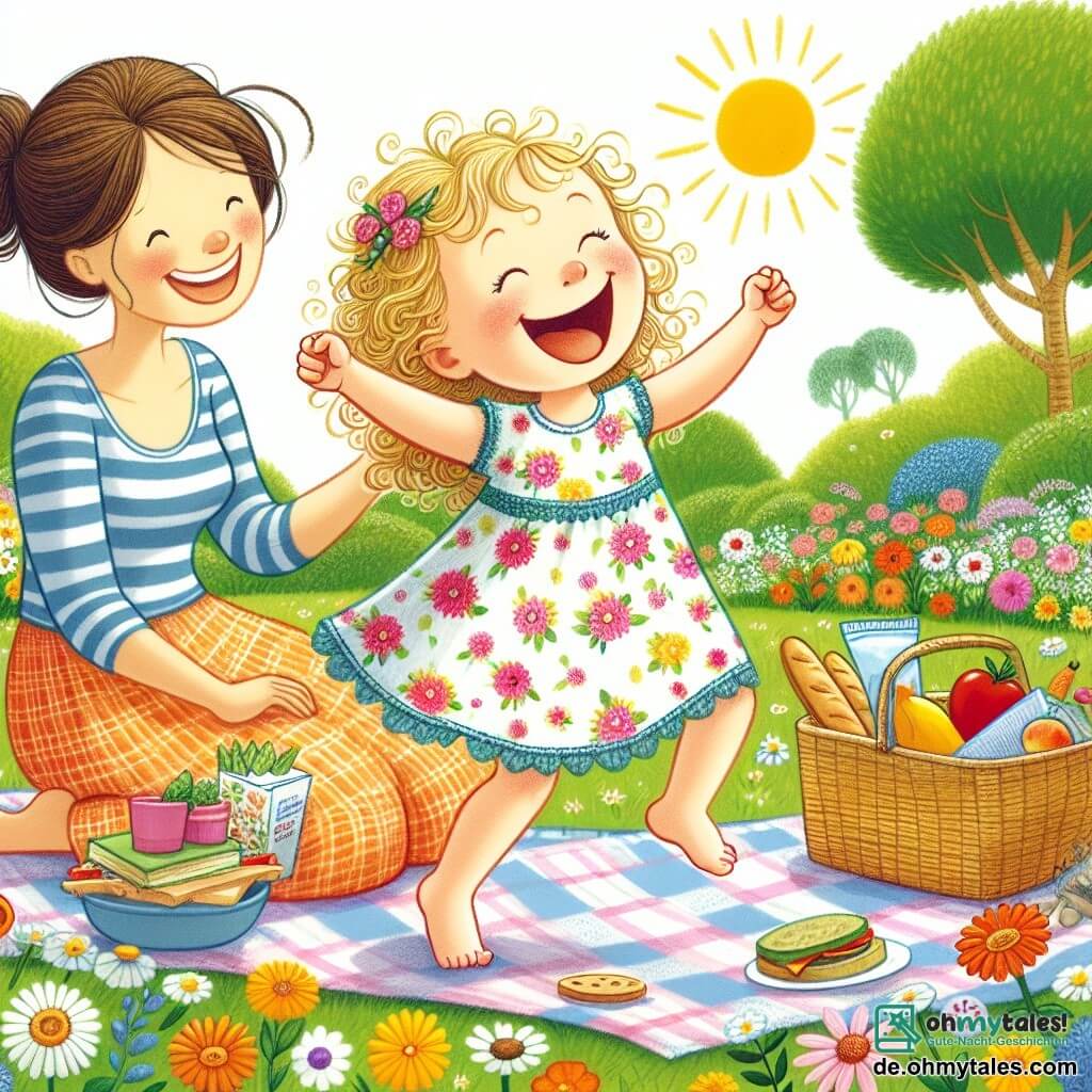 Une illustration sous forme de dessin destinée aux enfants représentant un jardin ensoleillé avec des fleurs colorées, où une petite fille de 2 ans aux cheveux bouclés et blonds, vêtue d'une robe à fleurs, rit joyeusement en dansant sur une nappe de pique-nique, tandis qu'une femme souriante, sa maman aux cheveux châtains et attachés, les bras ouverts, l'encourage à s'amuser, et un panier rempli de fruits et de sandwichs est posé à côté d'elles, illustrant un moment de bonheur partagé lors d'un pique-nique d'été.