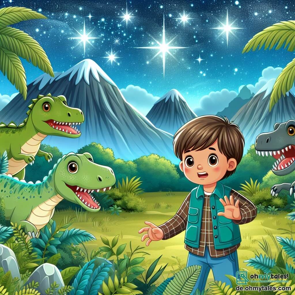 Une illustration destinée aux enfants représentant un jeune garçon curieux se retrouvant soudainement entouré de gentils dinosaures dans un paysage préhistorique luxuriant, avec en toile de fond des montagnes majestueuses et un ciel étoilé scintillant.