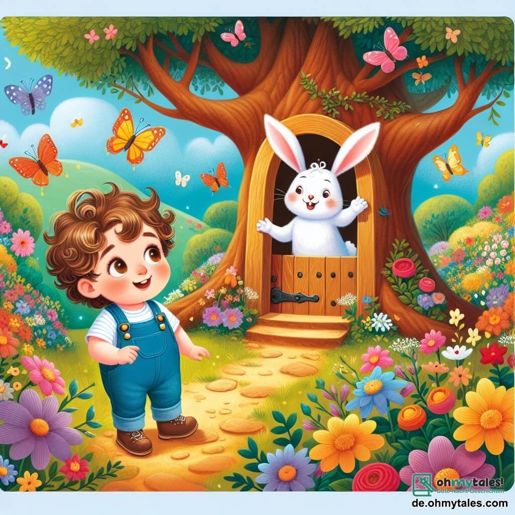 Une illustration sous forme de dessin destinée aux enfants représentant un jardin enchanté, rempli de fleurs colorées et de papillons virevoltants, où un petit garçon de 1 an aux cheveux bouclés et aux yeux pétillants, vêtu d'une salopette bleue, explore avec émerveillement une petite porte en bois dans un grand arbre, tandis qu'un joyeux petit lapin blanc aux grandes oreilles et au sourire malicieux l'invite à entrer dans un monde d'aventures magiques.