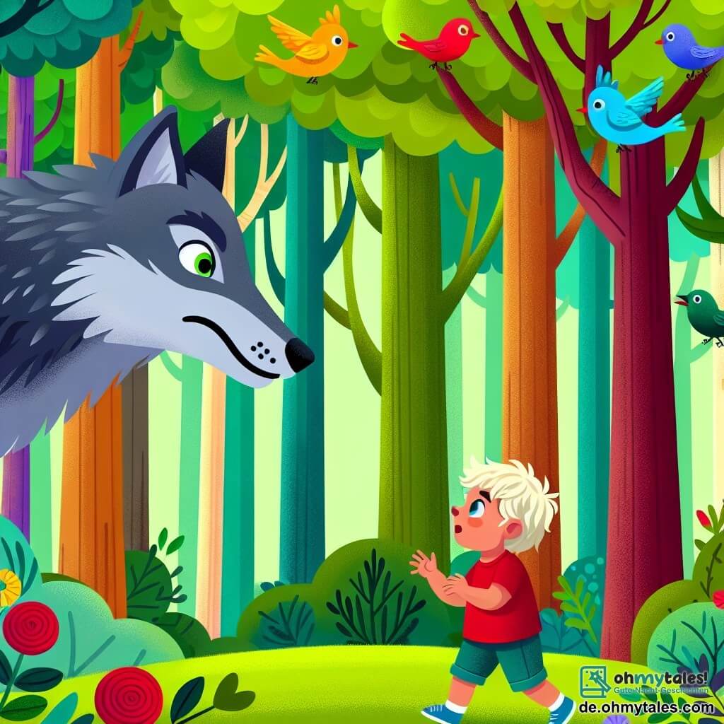 Une illustration sous forme de dessin destinée aux enfants représentant une scène dans une forêt dense et colorée, avec des arbres hauts aux feuilles vertes éclatantes, où un garçon de 3 ans aux cheveux blonds et aux yeux pétillants, vêtu d'un t-shirt rouge et d'un short bleu, se tient courageusement face à un grand méchant loup au pelage gris et aux yeux perçants, qui semble surpris et intrigué, tandis que des oiseaux colorés volent autour d'eux, symbolisant l'amitié et la curiosité, dans une atmosphère à la fois tendue et pleine d'espoir, illustrant le moment où le garçon tente de résoudre un énigme pour échapper au loup.