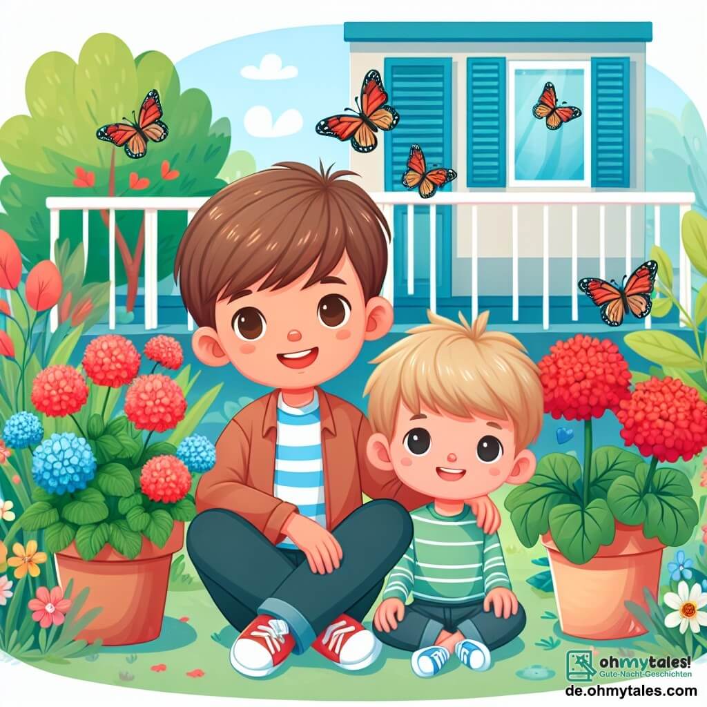 Une illustration destinée aux enfants représentant un petit garçon aux cheveux bruns, assis à côté de son petit frère blond dans un jardin fleuri, entourés de papillons colorés, devant une maison avec des volets bleus et des géraniums rouges en pot, symbolisant la guérison après une maladie.