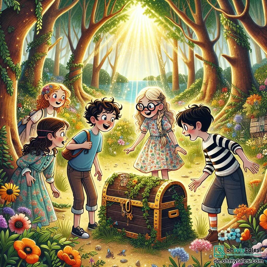 Eine Illustration zeigt eine verzauberte Lichtung im Herzen eines grünen Waldes, umgeben von hohen Bäumen mit üppigem Laub. Der Boden ist mit bunten Blumen bedeckt und sanftes, goldenes Licht filtert durch die Äste, was eine magische Atmosphäre schafft. Im Mittelpunkt versammeln sich vier Kinder um eine alte Holzkiste, die mit Efeu und Blumen bedeckt ist. Ein 10-jähriger Junge mit lockigem, braunem Haar lächelt erstaunt, trägt ein blaues T-Shirt und Shorts. Neben ihm untersucht ein 9-jähriges Mädchen mit geflochtenem, blondem Haar und Brille die Kiste, gekleidet in einem blumigen Kleid. Ein weiterer 10-jähriger Junge mit schwarzen Haaren und Sonnenbrille auf der Stirn macht einen Witz und lacht herzlich, während er ein gestreiftes T-Shirt trägt. Schließlich hält ein 8-jähriges Mädchen mit lockigem, kastanienbraunem Haar eine Schatzkarte in der Hand, ihre Augen leuchten vor Aufregung, sie trägt Shorts und ein buntes T-Shirt. Die Hauptsituation zeigt die Kinder, die den Geburtstags-Schatz entdecken, ihre Gesichter erhellt von Freude und Staunen, umgeben von der Schönheit der Natur. Zusätzliche grafische Elemente sind bunte Ballons, die in der Luft schweben, ein dekorierter Geburtstagskuchen neben der Kiste und funkelnde Lichtstrahlen um sie herum, die zur festlichen und magischen Atmosphäre dieses besonderen Moments beitragen.