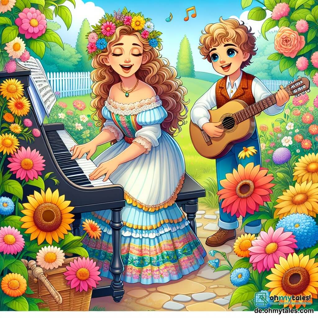 Une illustration sous forme de dessin destinée aux enfants représentant un jardin ensoleillé avec des fleurs colorées et un piano ancien, où une femme aux cheveux longs et bouclés, vêtue d'une robe légère et colorée, chante joyeusement tout en jouant du piano, tandis qu'un jeune garçon aux yeux brillants et à la guitare sur le dos l'écoute avec admiration, capturant l'instant magique où la musique unit les cœurs et inspire des rêves.