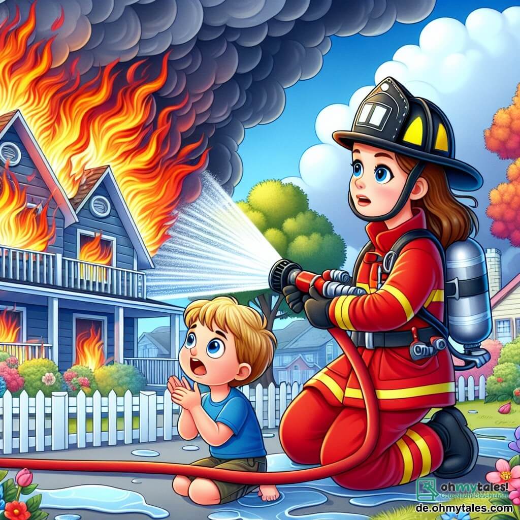 Illustration einer dynamischen Szene vor einem brennenden Haus, mit orangefarbenen und roten Flammen, die in den blauen Himmel aufsteigen. Das Haus ist von grünen Bäumen und einem blühenden Garten umgeben, was einen auffälligen Kontrast zur Gefahr bildet. Im Vordergrund nutzt eine mutige Frau in einem leuchtend roten Feuerwehranzug und mit einem schwarzen Helm einen großen Schlauch, um das Feuer zu löschen. Ihr Gesicht ist entschlossen und konzentriert, mit braunen Haaren, die zu einem Pferdeschwanz gebunden sind. Neben ihr steht ein etwa 7-jähriger Junge mit blonden Haaren und funkelnden Augen, der bewundernd zusieht. Er trägt ein blaues T-Shirt und Shorts und applaudiert fröhlich, um seine Begeisterung für die heldenhafte Arbeit der Feuerwehrfrau auszudrücken. Die Hauptsituation zeigt die Feuerwehrfrau, die einen kräftigen Wasserstrahl auf die Flammen richtet, während der energiegeladene Junge sie mit einem großen Lächeln anfeuert. Im Hintergrund sieht man das leuchtend rote Feuerwehrfahrzeug mit eingeschaltetem Sirene, bereit zum Eingreifen. Rauchwolken steigen über dem Haus auf und verleihen der Szene eine dramatische Note.