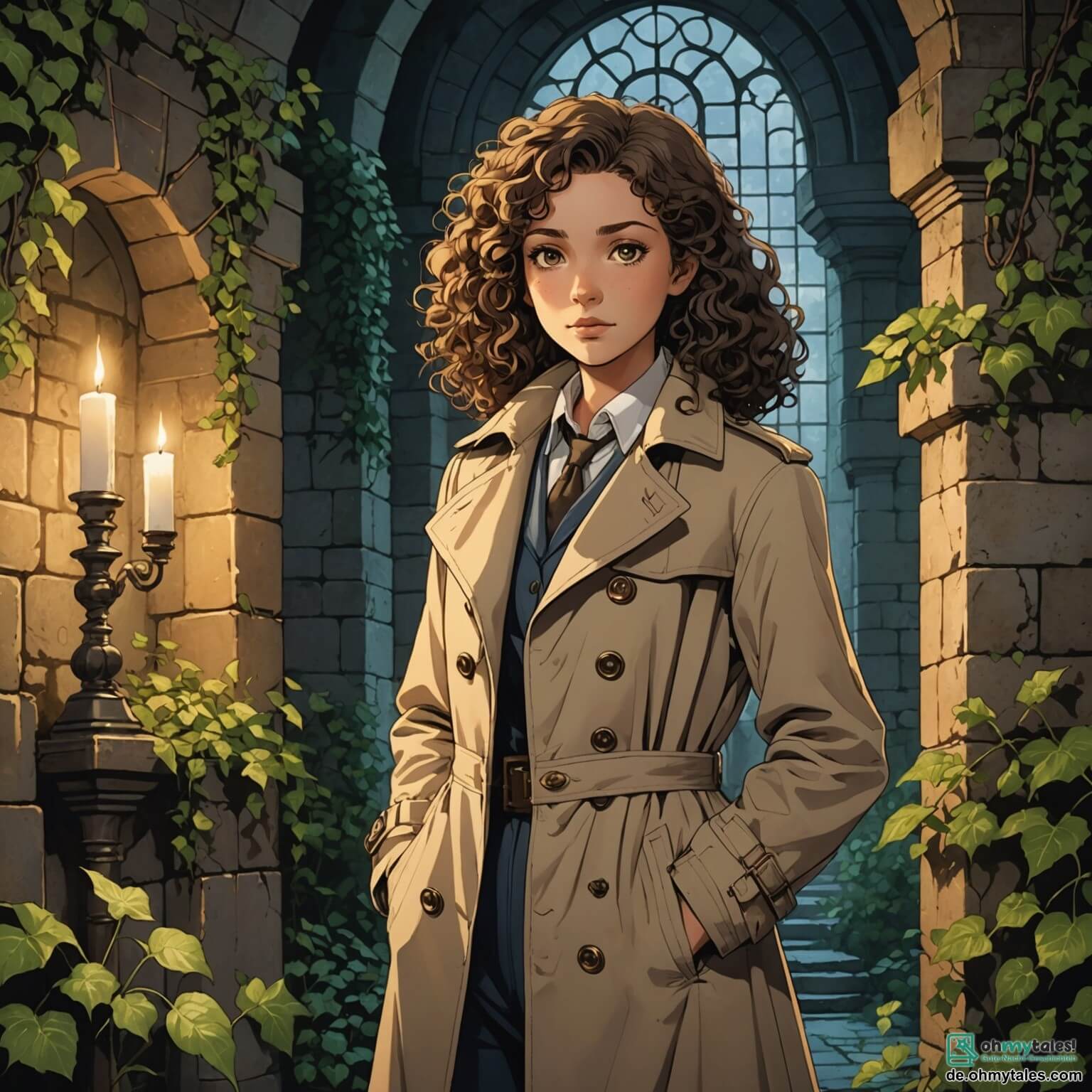 Une illustration destinée aux enfants représentant une femme détective au regard perçant et à la chevelure bouclée, vêtue d'un trench-coat beige, se tenant dans un vieux château mystérieux aux murs de pierre recouverts de lierre, où des ombres dansent sous la lueur vacillante des chandelles, alors qu'elle enquête sur le vol d'une précieuse horloge dorée, entourée de personnages secondaires tels qu'un vieil homme sage à la barbe blanche, gardien du château, et un jeune garçon curieux au chapeau de paille, tous deux animés par un esprit d'aventure et de camaraderie, dans ce décor enchanteur où le temps semble suspendu et les secrets chuchotés par les murs résonnent comme des échos du passé.