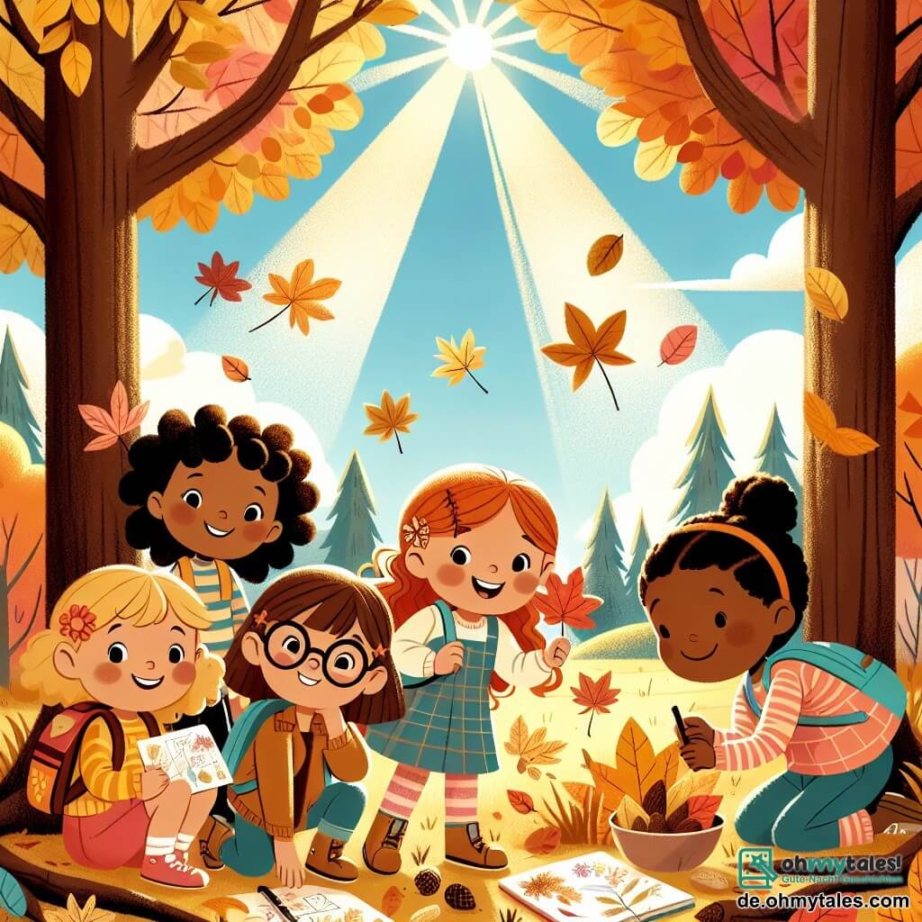 Eine Illustration zeigt eine schöne herbstliche Lichtung, umgeben von großen Bäumen mit goldenen, roten und orangefarbenen Blättern, durch die Sonnenstrahlen hindurchscheinen. In der Mitte versammeln sich vier Mädchen im Alter von etwa 8 bis 10 Jahren. Eines von ihnen, ein Mädchen mit lockigem braunem Haar, lächelt und hält ein großes buntes Blatt. Ein anderes Mädchen mit geflochtenem blonden Haar hockt und untersucht eine Baumrinde. Das dritte Mädchen mit schwarzen Haaren und einer Brille sitzt auf einer Wurzel und zeichnet in einem Notizbuch. Das letzte Mädchen mit roten Haaren steht auf und schwenkt eine Schüssel voller Blätter und Notizen. Sie sind alle fröhlich und vertieft in ihre Erkundung, umgeben von gefallenen Blättern und verstreuten Rinden und Eicheln. Im Hintergrund verleiht ein hellblauer Himmel mit einigen weißen Wolken dieser herbstlichen Szene eine sanfte Note.