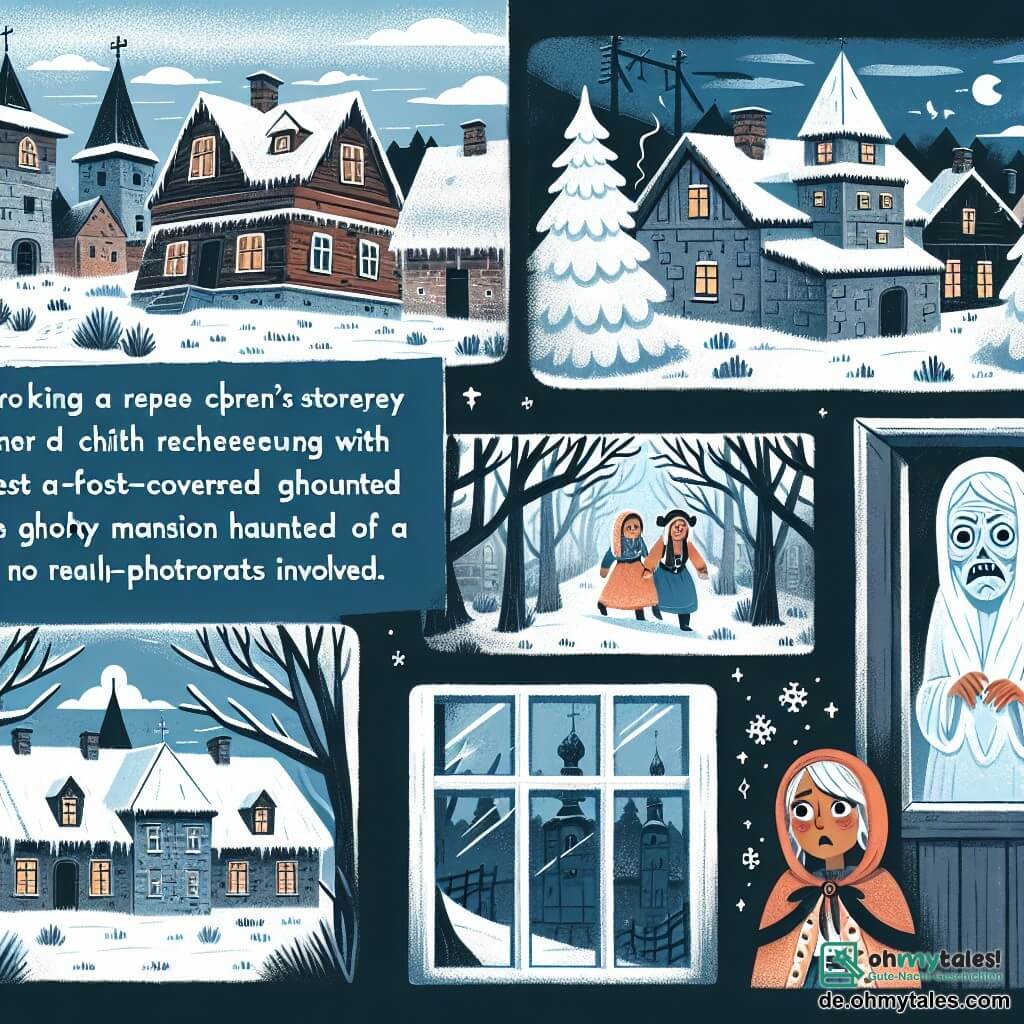 Une illustration destinée aux enfants représentant une fillette courageuse explorant un vieux herrenhaus hanté par un fantôme de vieille femme, dans un village reculé aux fenêtres vernagelées et aux portes mystérieusement verrouillées.