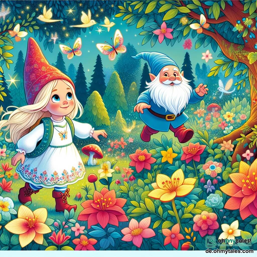 Une illustration destinée aux enfants représentant une jeune fille curieuse découvrant un monde enchanté en compagnie d'un petit gnome espiègle, dans un somptueux jardin aux fleurs multicolores, avec des arbres aux feuilles scintillantes et des créatures magiques virevoltant dans les airs.