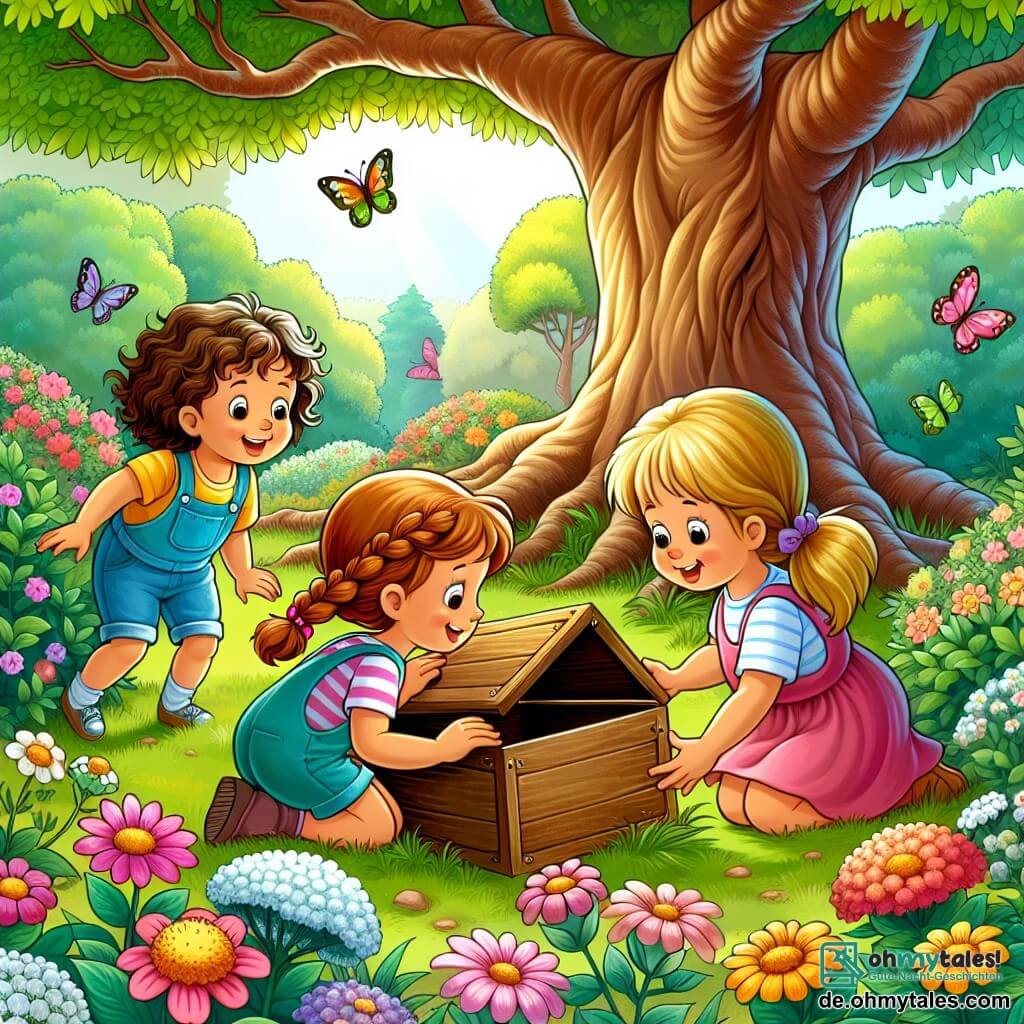 Eine Illustration zeigt einen sonnigen Garten, gefüllt mit bunten Blumen und grünen Bäumen. In der Mitte steht ein großer majestätischer Baum mit einem dicken Stamm und ausladenden Ästen, unter dem eine alte Holzbox teilweise im Gras vergraben ist. Drei kleine Mädchen, etwa 7 Jahre alt, spielen. Das erste Mädchen mit lockigem braunem Haar trägt ein rosa Kleid und hat ein breites Lächeln im Gesicht. Sie gräbt mit ihren Händen im Boden. Das zweite Mädchen mit geflochtenem blonden Haar und blauer Latzhose schaut neugierig auf die Box, die sie gerade entdeckt haben. Das dritte Mädchen mit glattem kastanienbraunem Haar trägt ein gelbes T-Shirt und Shorts und zieht an der Box, um sie vollständig aus der Erde zu holen. Die Szene zeigt die Aufregung und Freude der kleinen Abenteurerinnen, während sie ihren versteckten Schatz entdecken. Bunte Schmetterlinge fliegen um sie herum, und einige Vögel singen in den Bäumen, was dieser Abenteuerreise einen Hauch von Magie verleiht.
