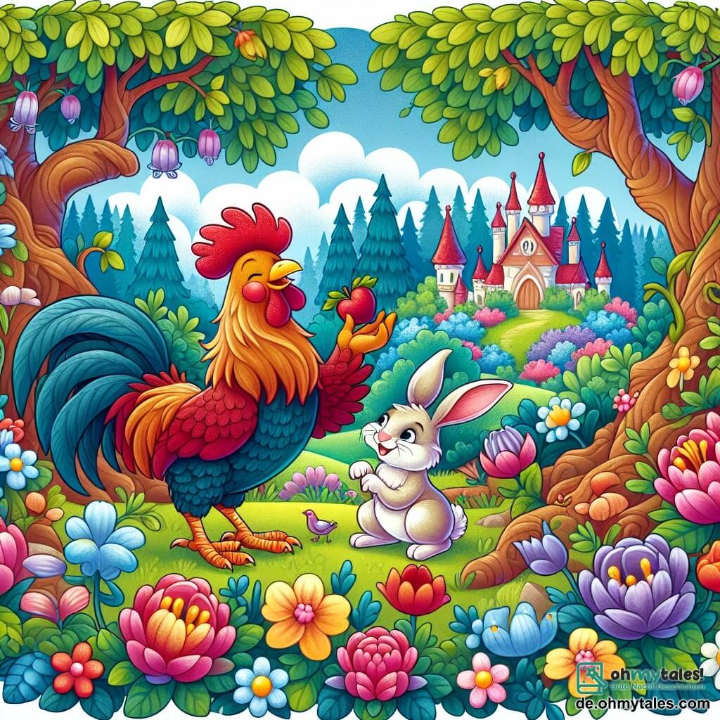 Une illustration destinée aux enfants représentant un coq enjoué, un lapin curieux, dans un jardin enchanté bordé de fleurs multicolores et d'arbres majestueux.